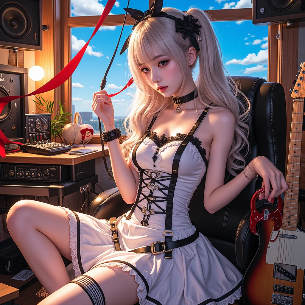 short hair、Gothic Lolita in Japan、hot pants、Perforated Lace Knee Socks、Headphones、Grab your sword、Red mesh with white hair、Black boots、Flower Hair Ornaments
