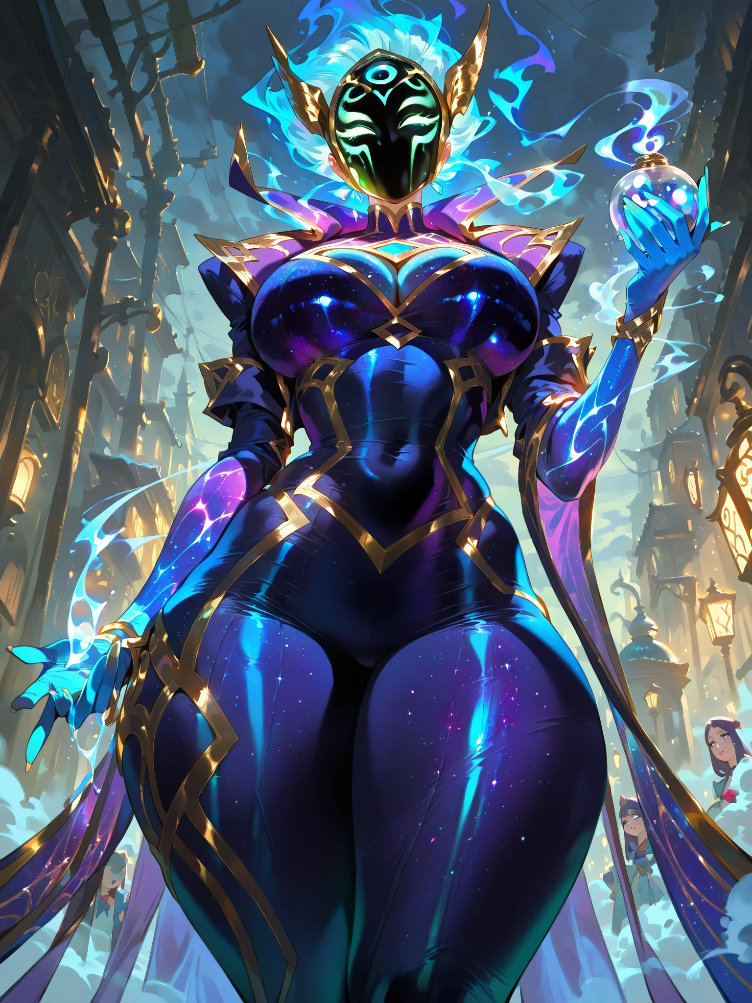 ((plain background:1.2, 1sologirl)) full body standing barefoot hands on waist navel, very purple skin, drow, elf, Madura, Detailed happy face, purple eyes, white hair bob style, gold bikini, well defined six pack abs, Large knockers, golden gloves