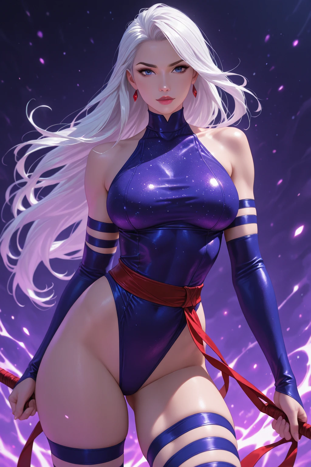 (1 women only), 16 years girl, Long white hair, heterochromia (purple left eye, Blue right eye), Cat Ears, inner sideboob, open belly, ((tattoo: inverted "V")), smirk, Cyborg, Masterpiece, High quality Precise and precious intricate details, Light-dark contrast, Rear solar lighting