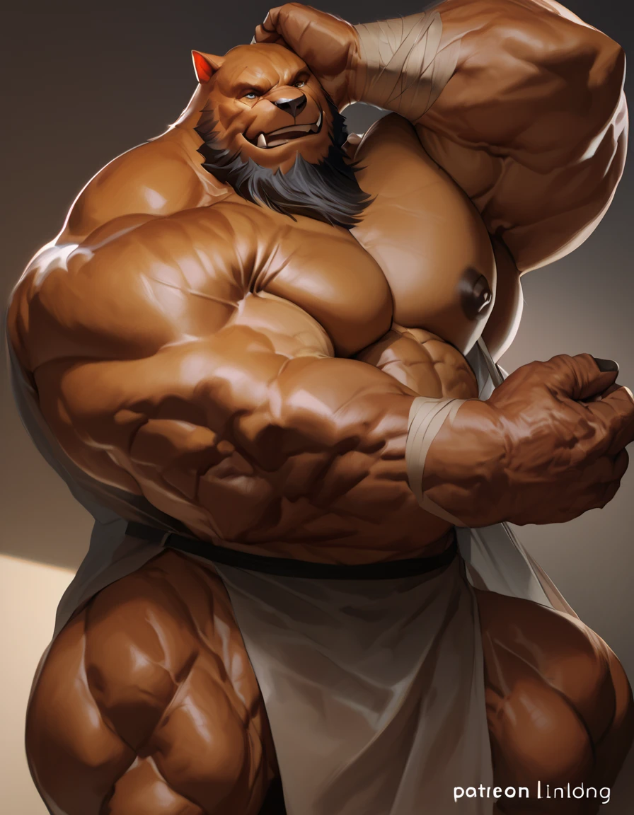 muscular old man sitting on park ground, an anthro (monkey), nippel ring, dynamic pose, big balls, wearing fundoshi, an anthto, bearded, happy expression, facial hair, (view (full body)) detailed face, face, detailed eyes, eyes, really big muscle, bigger muscle, very big muscular, over sized muscle, biggest muscle, big pec muscular, biggest pec muscle, detailed muscle, realistic rendering, CG realistic, 3d realistic, photography, background,