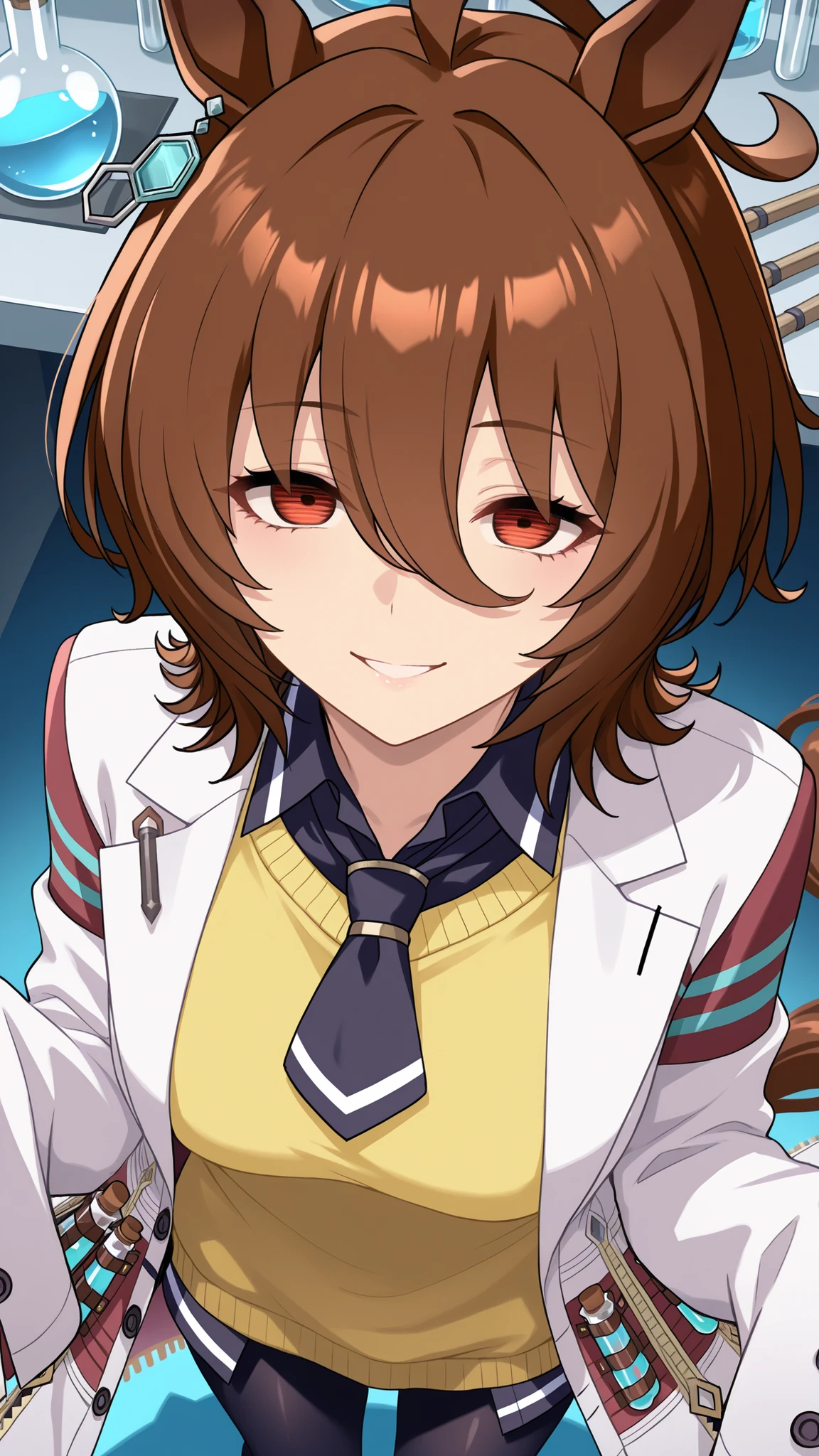 agnes tachyon,umamusume
High quality , best quality , masterpiece, High Resolution , detailed face( LoRA: agnes tachyon),anatomically correct, detailed hair(LoRA: agnes tachyon) ,detailed bangs(LoRA: agnes tachyon),anime coloring
solo, 1 girl,
agnes tachyon, horse ears, horse tail
labcoat, sleeves past fingers, yellow sweater, black necktie, pantyhose, single earring
close up , looking at viewer ,from above,upper body
Laboratory, flask, experimental tools ,
, smile,blash,