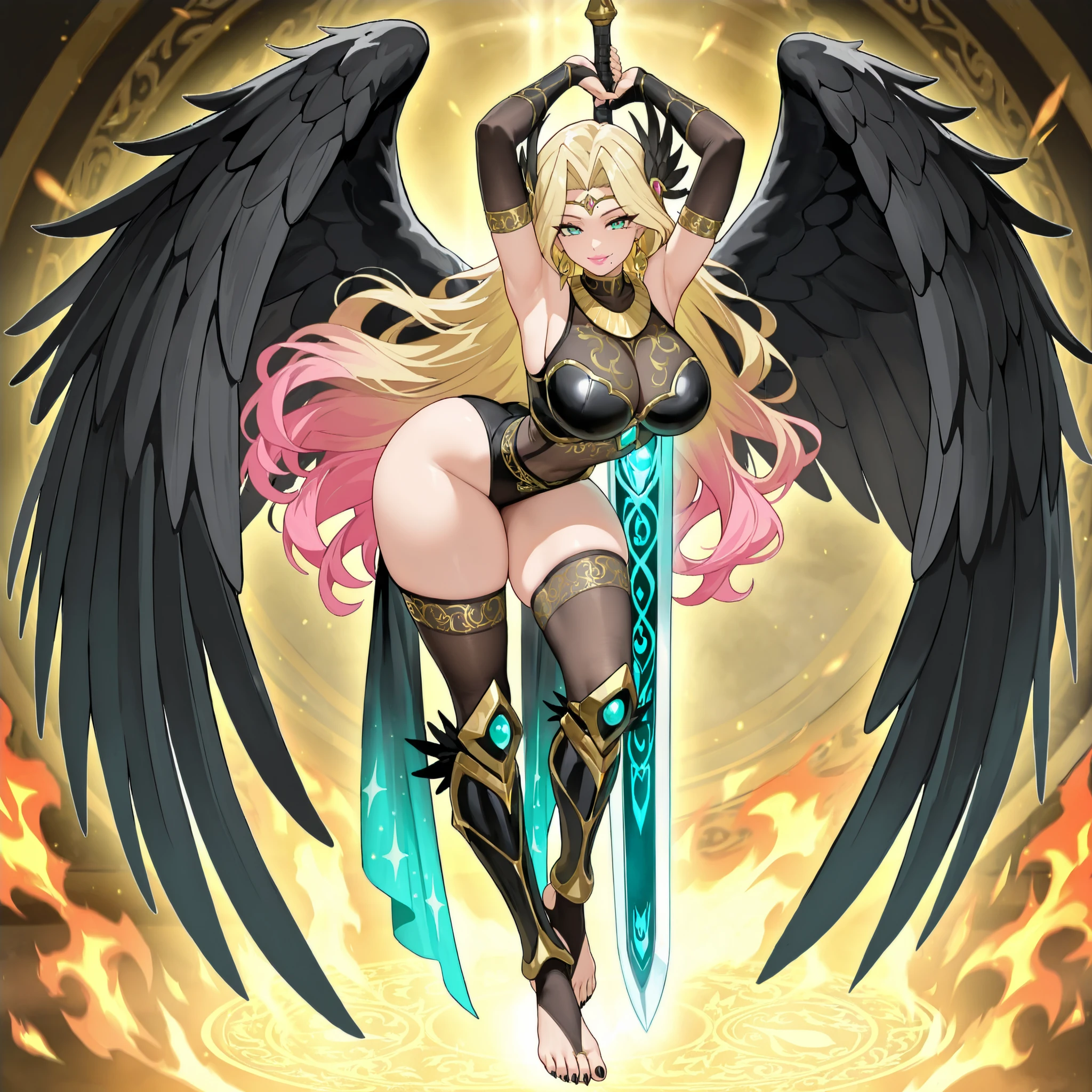 <lora:HarpyG-17:0.7>, HarpyG, winged arms, bird legs, talons, <lora:MisakiShokuhou:0.85>, MisakiS, blonde hair, best quality, masterpiece, highres