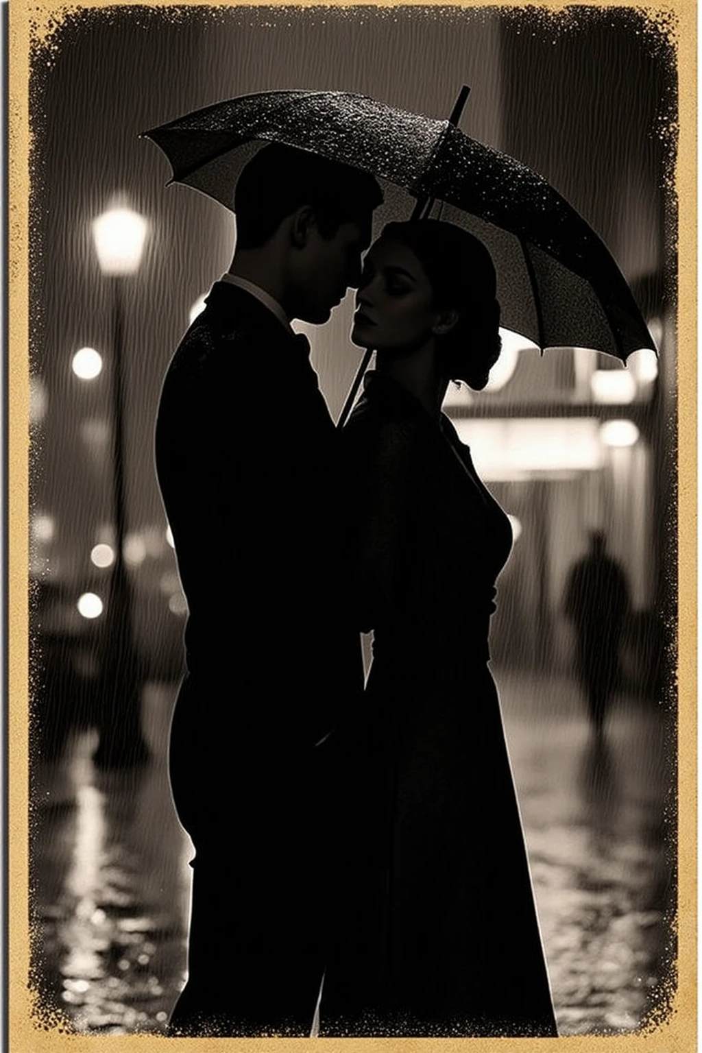 wet hair,Wet clothes,Rae,Eiza,🌟 : vintage postcard style, faded black and white tones with a slight sepia tint, visible film grain, x} Subtly scratched frame for authentic retro charm
🌌 : nostalgic rainy night — street lamps throw soft circles of light on the cobblestones, in the background art deco cinema lights up into picturesque blobs of light
😈 : The dancer in a narrow-cut double breasted, whose wet silk scarf solidifies in swing. The lady in a tailored trench coat, illuminates their make-up profile behind the transparent nylon shade like in an old film studio
🔥 : His umbrella just describes a sweeping eight, while her umbrella tilts flirtatiously — a moment of frozen elegance, where the raindrops look like diamond dust
💋 : Bordered by an opulent gold frame with the 50s Themes (Jukeboxen, Cadillac-Flossen, stilisierte Sterne) — the perfect vintage movie poster of a nocturnal encounter, in which fate dances to the beat of the rain
(Flux-Tipp: "Kodak Tri-X film grain, vignette effect, hand-tinted blush on cheeks" for the ultimate retro look)
(Flux-Tipp: "1940s musical lighting, wet pavement shine, practical streetlamp glow" for the perfect old-school glamor)
(Flux-Tipp: "1940s film noir lighting, practical streetlamp glow, wet pavement reflections" for authentic golden age charm)