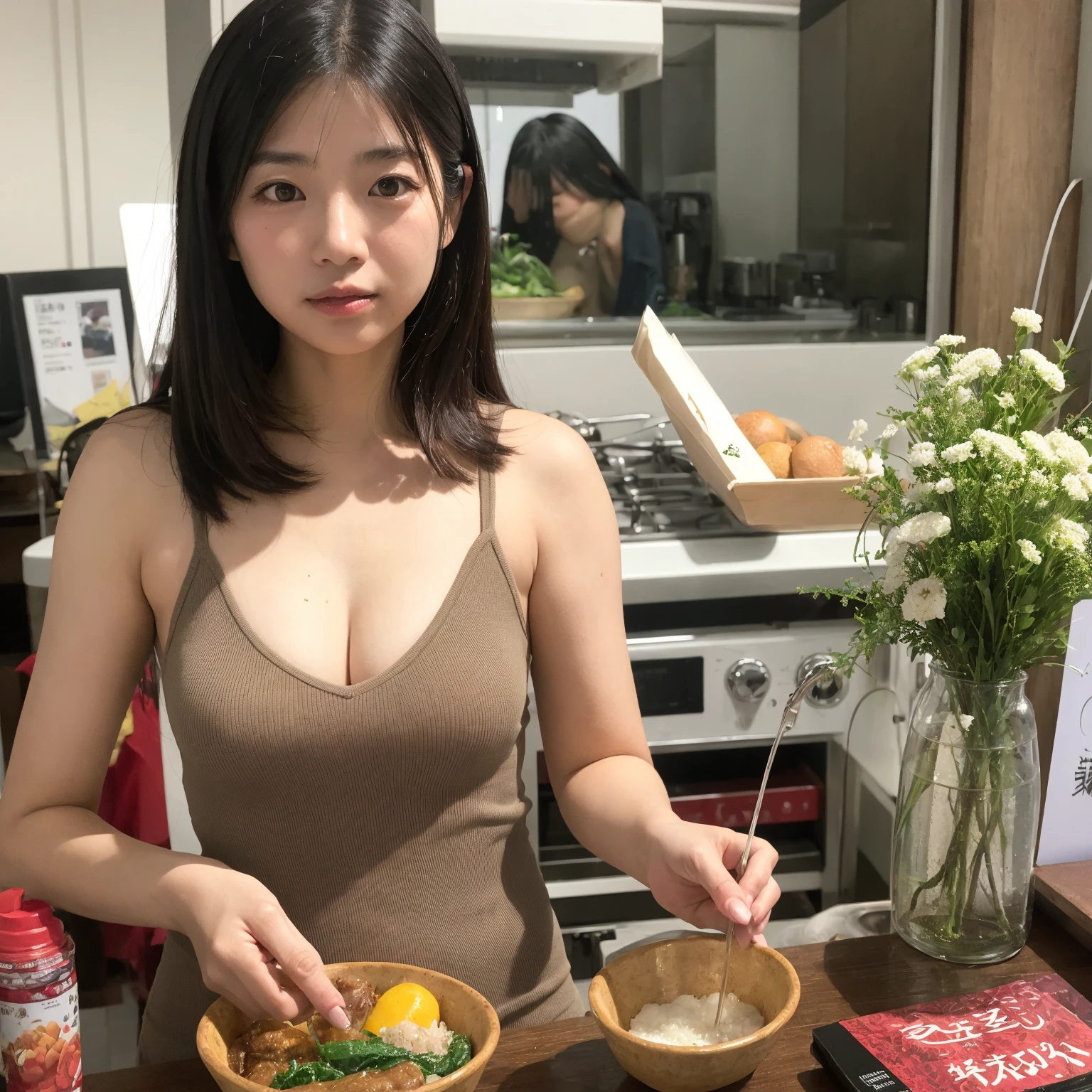 (top-quality、8K、masterpiece:1.3)、Beautiful Women in Perfect Figure:1.4、dark brown hair、Without bra、Wearing a white ruffle apron、in a kitchen、extremely detailed face and skin、Detailed eye、double eyelid、big breast 、A little smile, Exposing breasts, exposing armpit, full body expose, slim abs, short Brown hair, kitchen as background