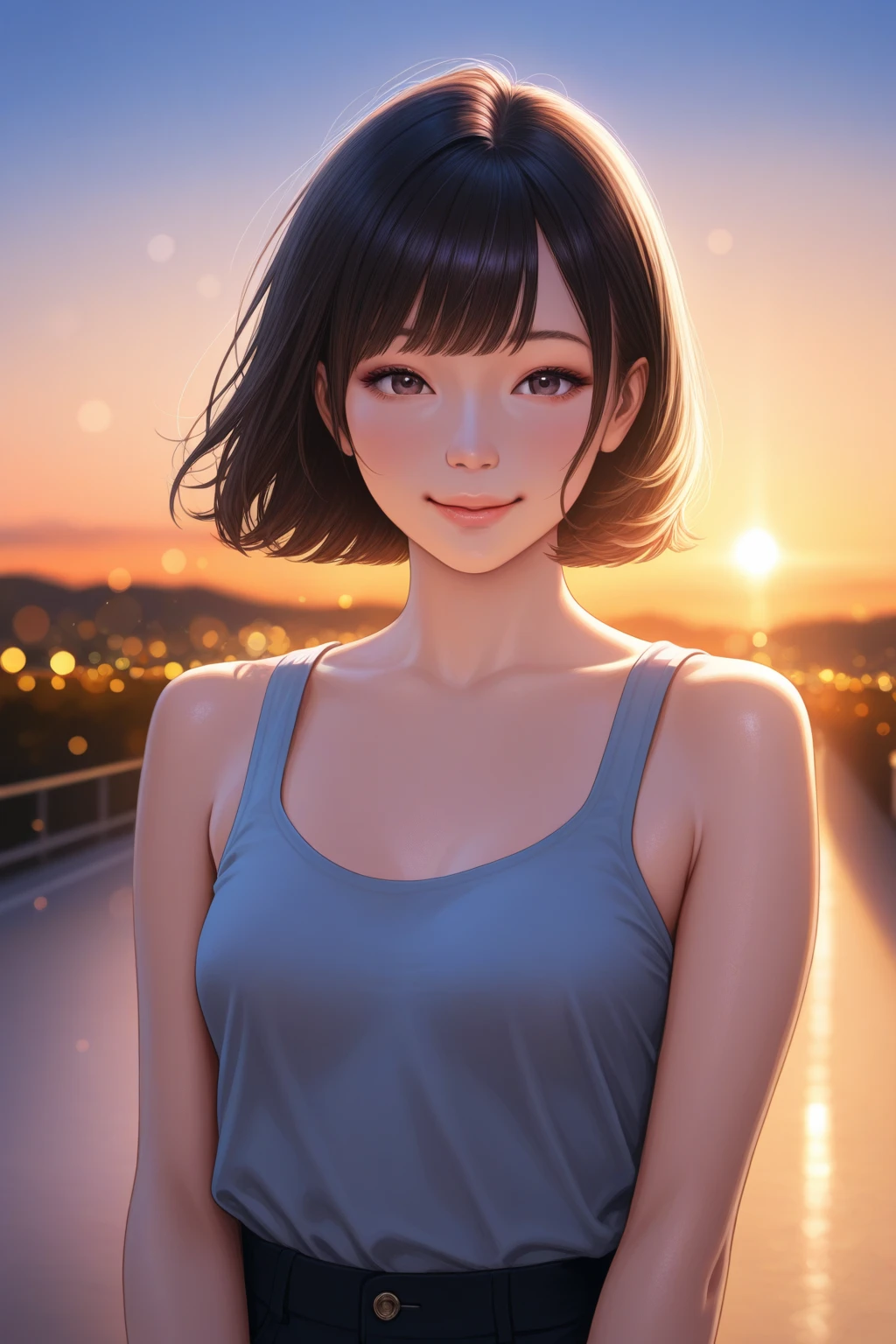 score_9, score_8_above, score_7_above, Front photo of the girl, brown hair with bangs, golden petals on the cheeks, realistic skin texture, brown skin detailed image, whole body, background of a city with bright lights HD32k