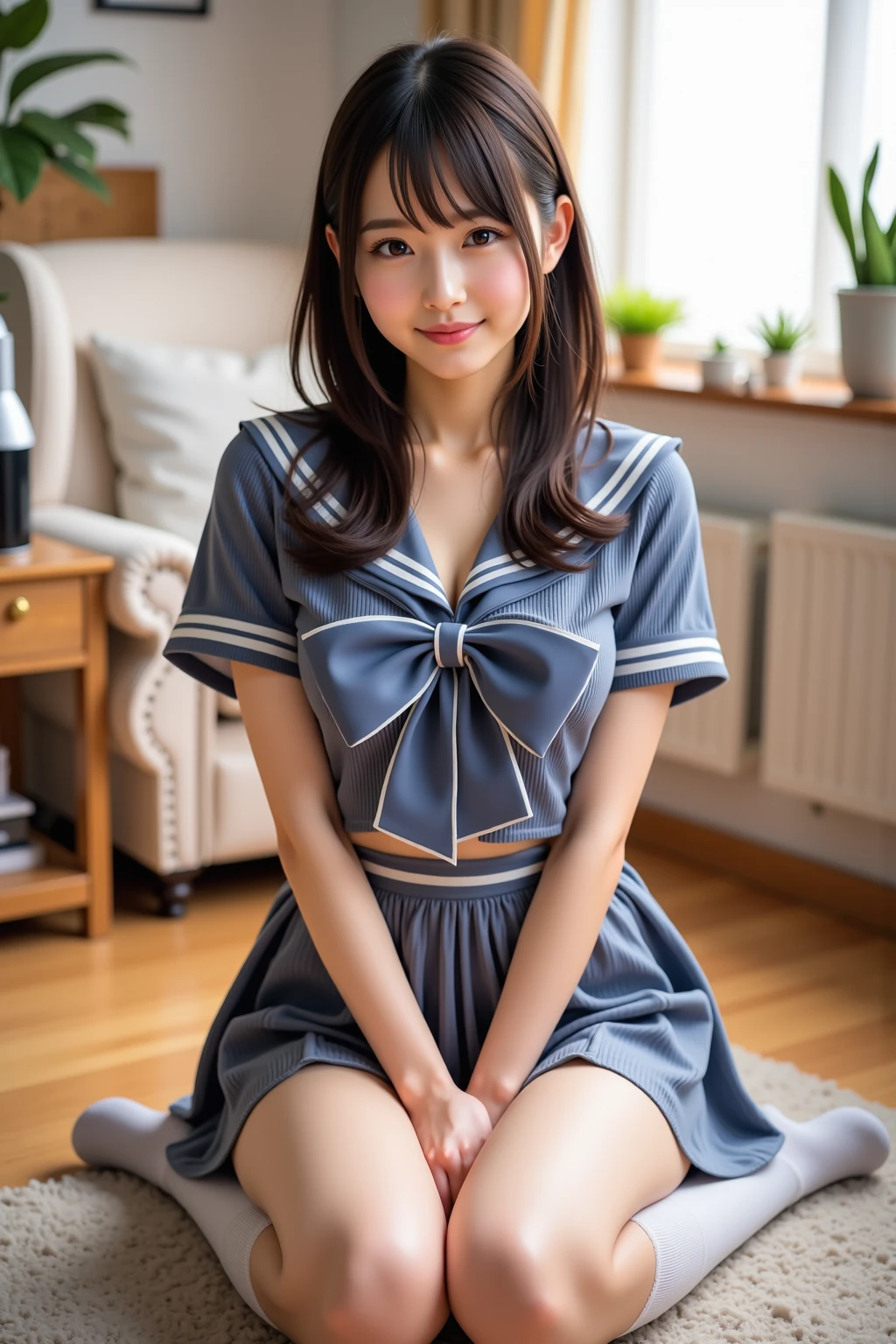 (Highest quality,masterpiece:1.3,Ultra-high resolution),(Very detailed、Caustics) (Realistic:1.4, RAW shooting、)Ultra-Realistic Capture、Very detailed、Natural skin texture、masterpiece、(A Japanese elementary school girl wearing a light blue shirt and pleated skirt made of satin fabric with a navy ribbon:1.3), Adorable expression、Expressions of happiness、10 years old、height: 145cm、Baby Face、Amazingly cute、Twin tails、Curly Hair、Scrunchie、Black Hair、light makeup、H-cup busty、Shining thighs、Bare arms、Background details、smile、An inviting gaze、Anatomically correct、Cowboy Shot、Attention to detail、Straddling the sheets in a private room at a sex shop、Open your legs wide from side to side、White panties are visible