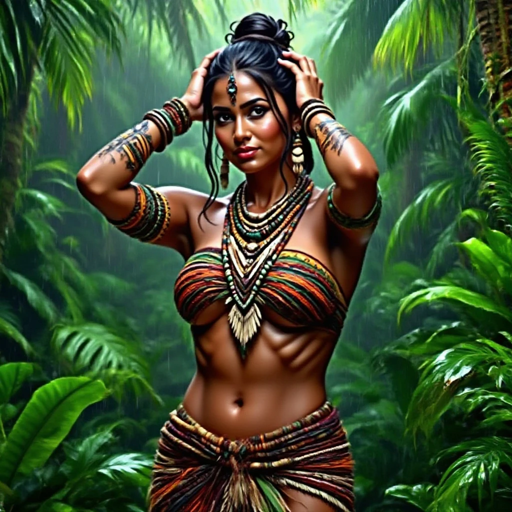 Indian Hindu bride, ripped shabby brown cloth, humongous breast, very heavy tits, very wet body, desert, in middle of desert, side view