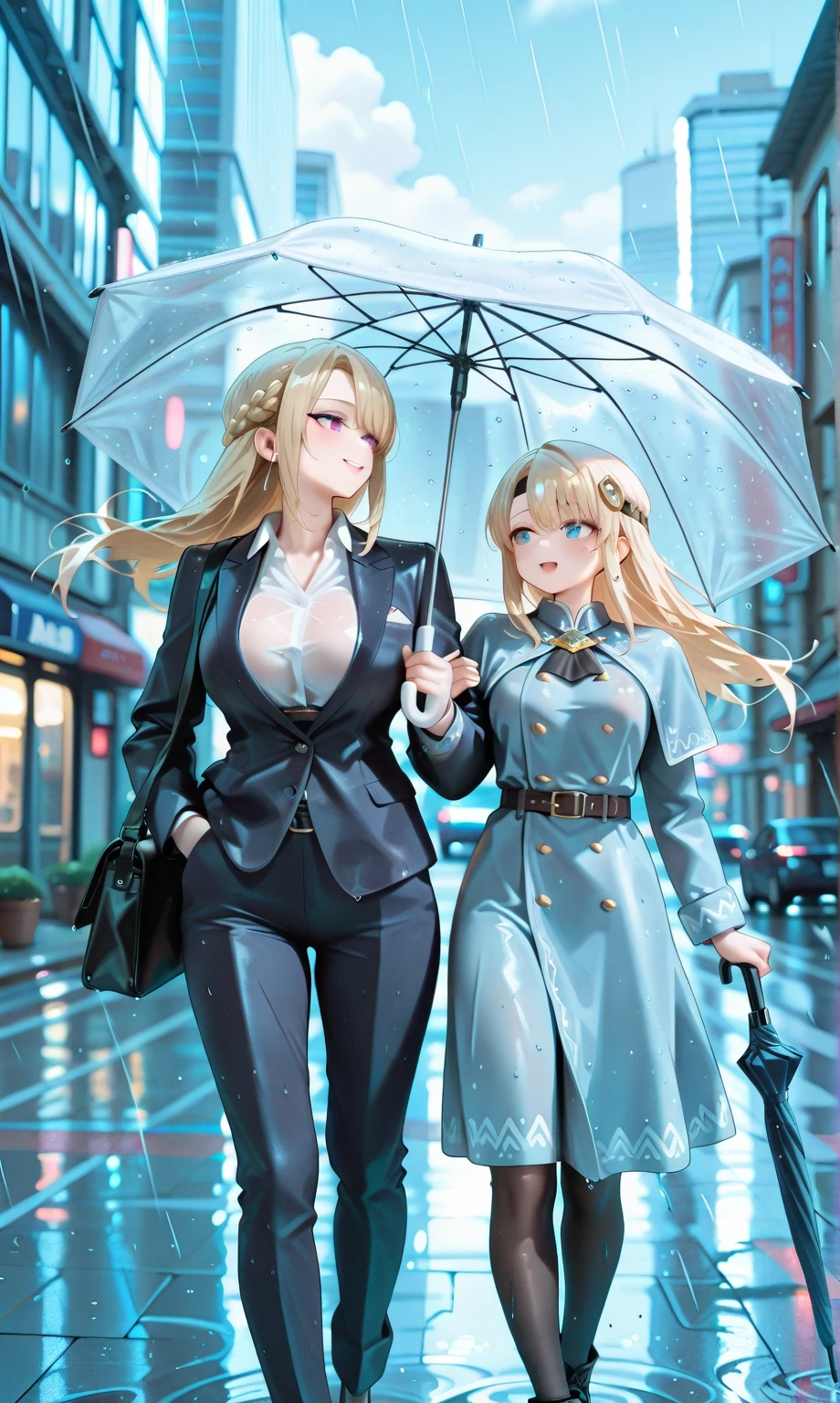 1girl, solo, walking in street, raining, blue eyes, earrings, blonde hair, large breasts, long hair, looking at viewer, navel, white panties, full body, standing, parted lips, sandals, long sleeves, see-through, white shirt, wet clothes, wet skin, wet hair, bare legs
