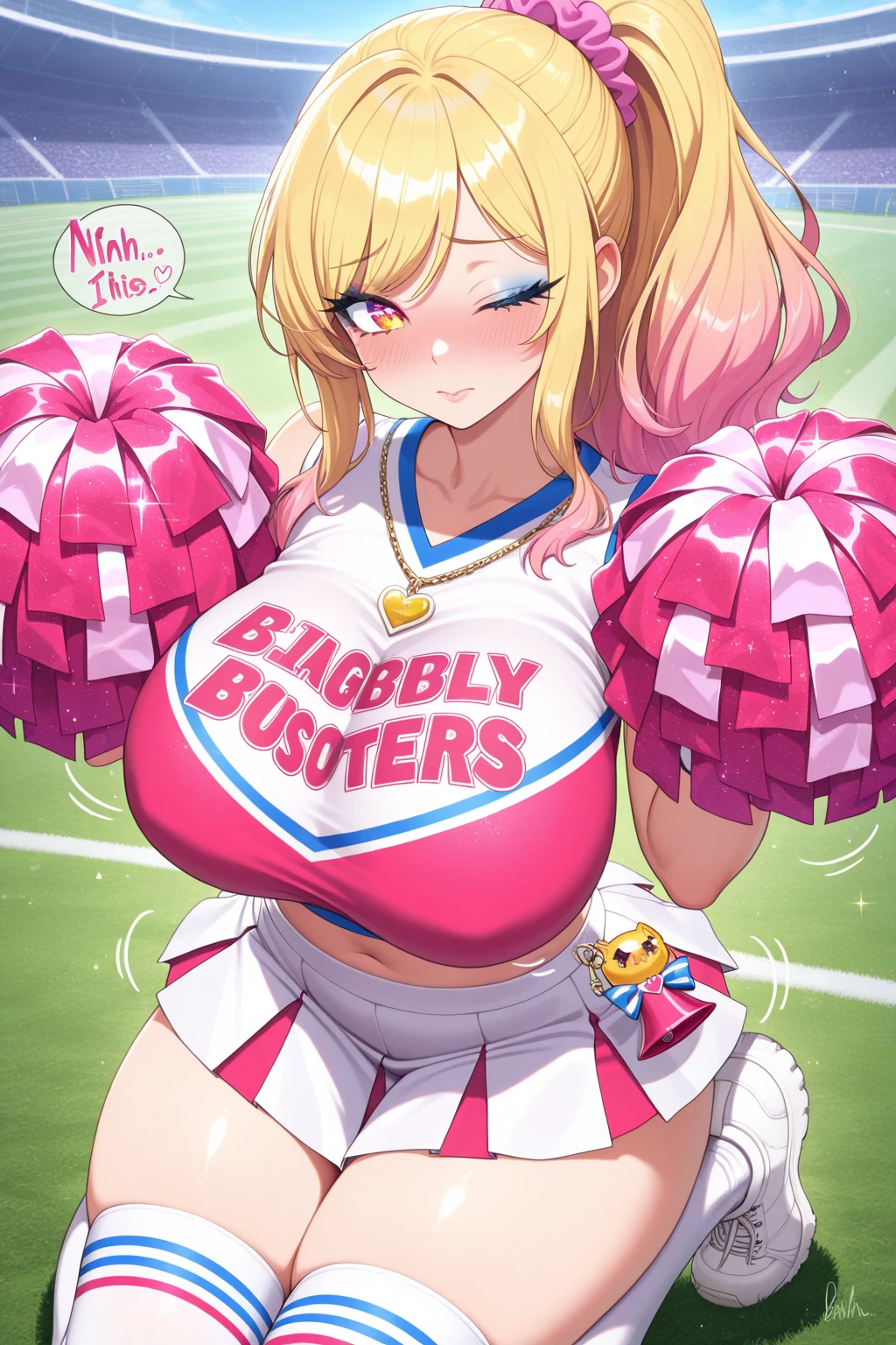 1girl,solo,,super huge breasts,looking at viewer,near,standing up, sweating, long pink hair, sweating, cheerleader, cheerleading, nsfw, golden eyes