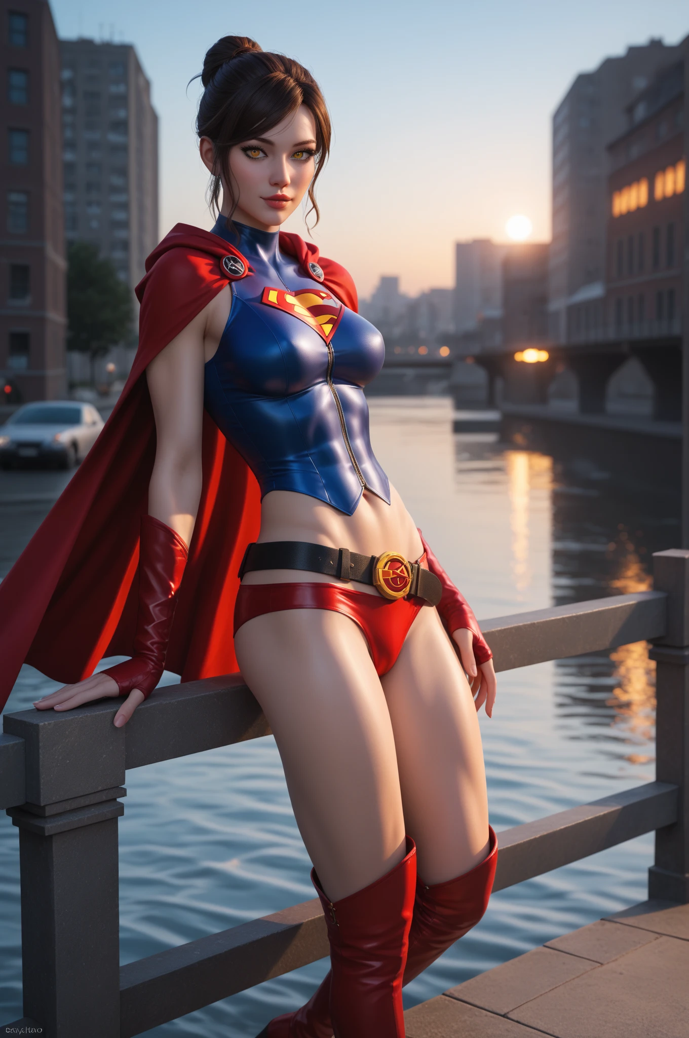 NSFW、top-quality、Top image quality、​masterpiece、Create Japan Women, Day Park Bench, Black shiny hair, 15yo student, Ponytail hair with bangs, Blue Eyes and Igamem Realistic RAW 8K, Park bench in the day, Lens Tips, Superman S, Separate costume in the style of uniform for athletics、Superman's Supergarment is Blue Metallic、abdominals、(((Small red metallic panties))), (((highleg)))、(((Cameltoe))), bulge in panties, female pervert々Lion Junior,　(embarrassed from)、red blush, (Sweat), Superman S symbol on background、M-shaped legs、Open your crotch wide from side to side, Show me spread your legs、(((Long boots in red metallic　pin heels)))、gazing at viewer、Show your crotch to viewers、