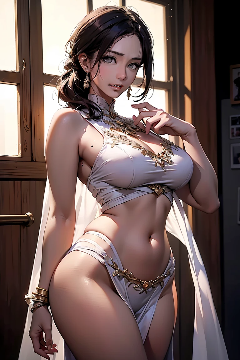 (best quality,4k,8k,highres,masterpiece:1.2),ultra-detailed,realistic,photorealistic:1.37, beautiful detailed eyes, beautiful detailed lips, extremely detailed face, longeyelashes, intimate view, classic oil painting, soft lighting, vibrant colors, warm tones, atmosphere, walking on large fields in ancient India, timid expression, natural hair, flawless skin texture, gentle breeze, elegant pose, nervous energy, afternoon ambiance, frontal shot, Wearing a traditional Indian Sari dress. Afternoon,navel,cleavage