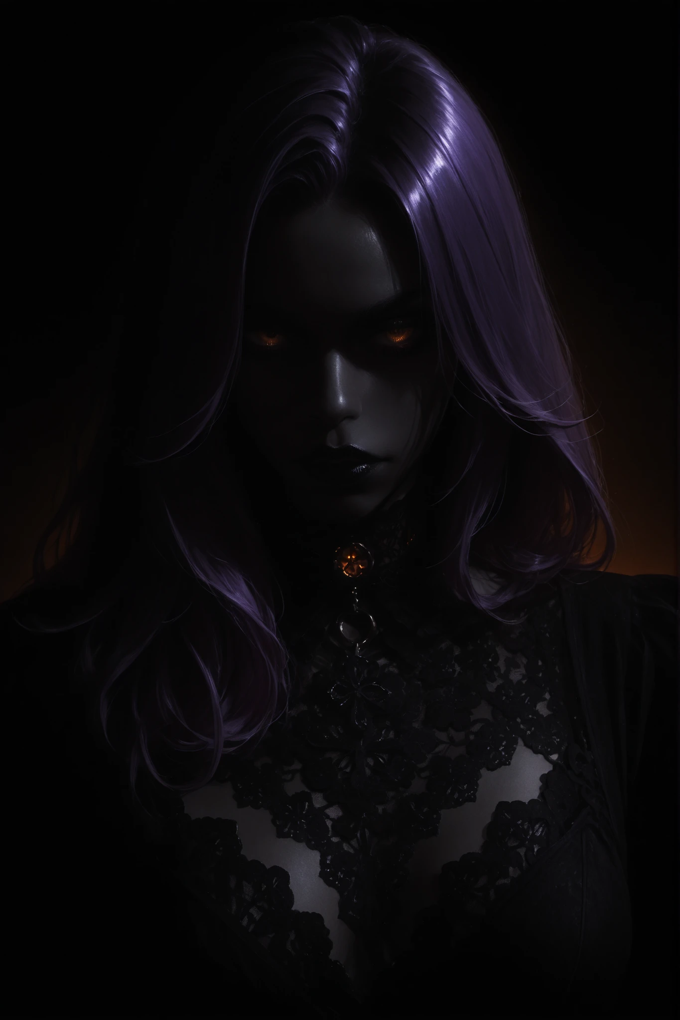 (Burning purple flame), (Pitch black, Shadowy figure), (Strong gaze), (Mysterious Aura), (Ominous Presence), (mysterious beauty),(Flowing black hair), (Intense expression), (Ethereal atmosphere),(A magnetic being), (Subtle signs of danger), (Dramatic lighting), (Intricate details of her face), (Clear skin), (Luminous tattoo),(A mysterious energy surrounds her), (Smoky Vines), Big Breasts, (Black Satin Panties), (See-through), (Silver Jewelry), (Sparkling amethyst necklace),(Ominous background), (A faint whisper in the air), (Eerie silence), (Sinking into darkness),(Invisible Forces), (Casting a Spell), (Controlling Shadows), (Magical Power), (superpower), (Captivating beauty),(Intense and captivating), (Powerful aura), (Mythical witch), (Bewitching Presence), (Engage your audience), (Hauntingly beautiful),(Contrast of light and dark), (Mystical elements), (Mysterious glow), (Purple World), (Hypnotic and surreal),(masterpiece:1.2), (Super detailed),(Realistic,photoRealistic,photo-Realistic:1.37)
