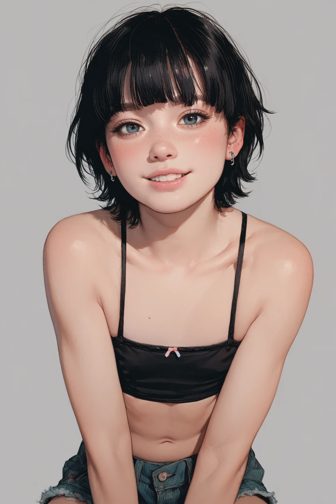 cute, (Black Hair、White Mesh), ((Short Bob)), Perfect Face, Innocence, An ennui look、Upper Body,(Grey Eyes),  (Small breasts), (thin), ((cute胸)), ((Only 16)), Very detailed, Attractive oval face, Red lips, pink, Glowing Skin, thin髪, Face Focus, Chest close-up, Gorgeous hair ornament, ((1 person)), Embarrassed expression,