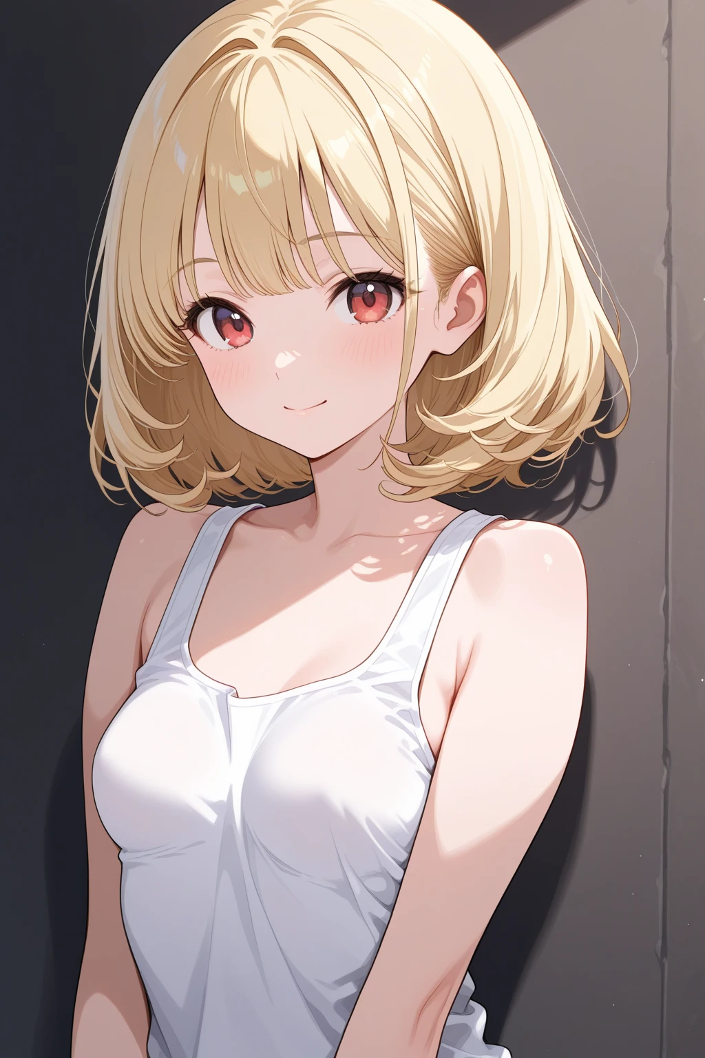 name zoe. 20 year old teenager, beautiful angelic face. red eyes. White skin color. height 1,70, retail physicist, large and firm breasts, Short blonde hair. Clothes, abdomen-length tank top. tight red mini shorts. body detail, very happy smile, happy expression. happy eyes. very happy