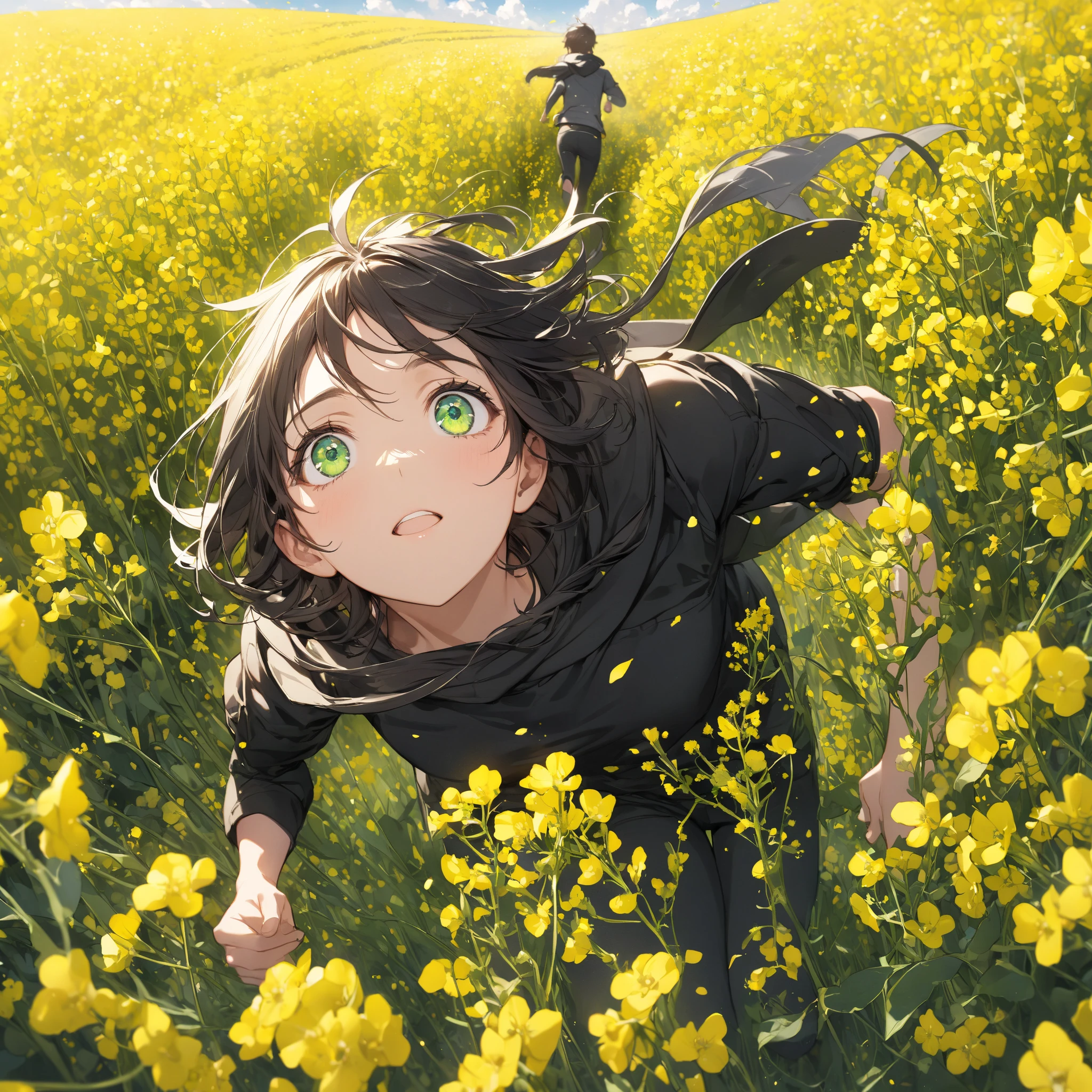 Running through a field of rapeseed flowers, black shortcuts, big green eyes, looking up at the sky
