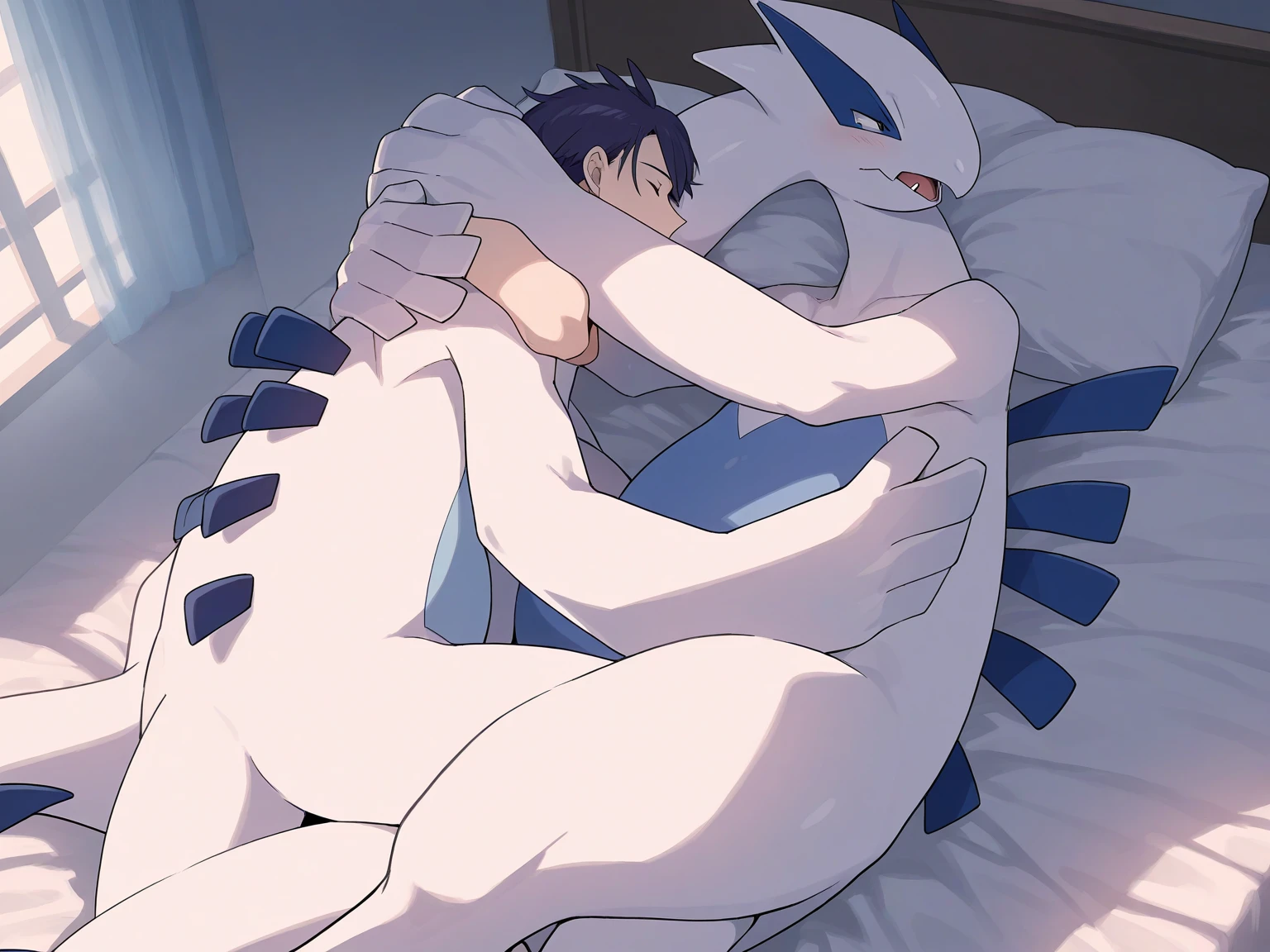 Duo, score_9,score_8_up,score_7_up, source_furry, kemono style, female absol Pokemon, naked, dark grey nipples, tall slender body, short white hair, bangs covering one eye, standing sex, suspended congress position, her legs wrapped around his waist, standing sex, male is grabbing her ass, (makes hair is covering his eyes):2