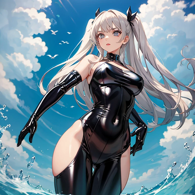 A woman in a diving uniform, at the edge of the sea, huge sea at the bottom, sunny day, silver hair, purple eyes, big chest, very detailed, masterpiece, high quality, ultra resolution, 4k hd
