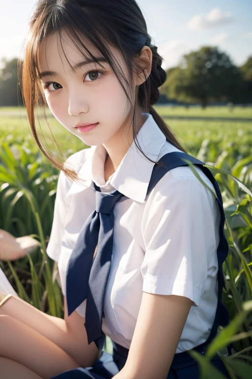 Beautiful girl wearing a collared summer dress、sixteen years old、japanes、Wheat-colored The skin、heavy wind、A dark-haired、少し日焼けしたThe skin、Black、
