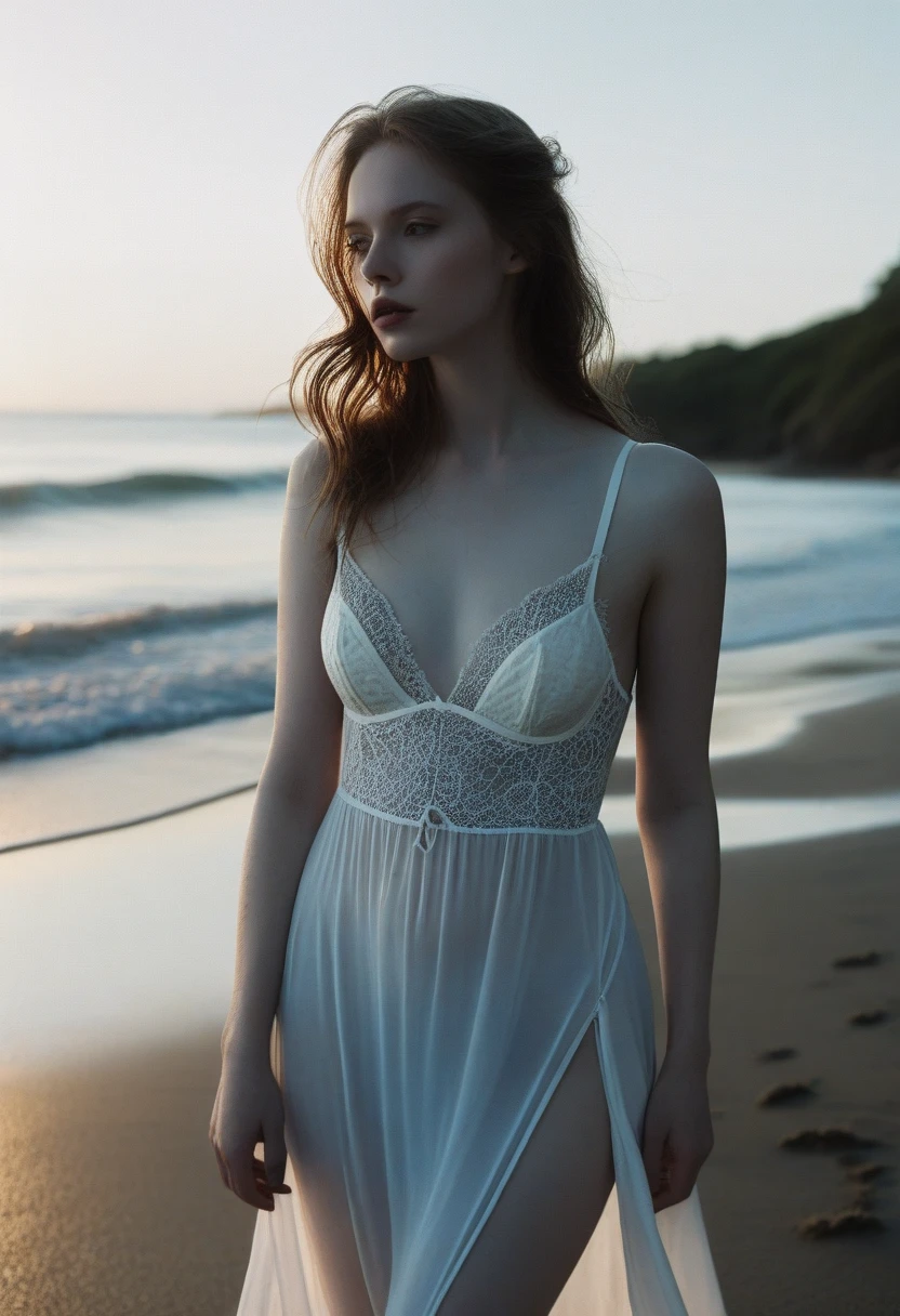 A beautiful 20-year-old Kate Mara, ethereal, ghostly, dressed in sheer near-nude billowing fabrics, a haunting beauty walking just above the ground on a moonlit night, coastal scene, dramatic lighting, volumetric fog, intricate details, cinematic, highly detailed, photorealistic, 8k