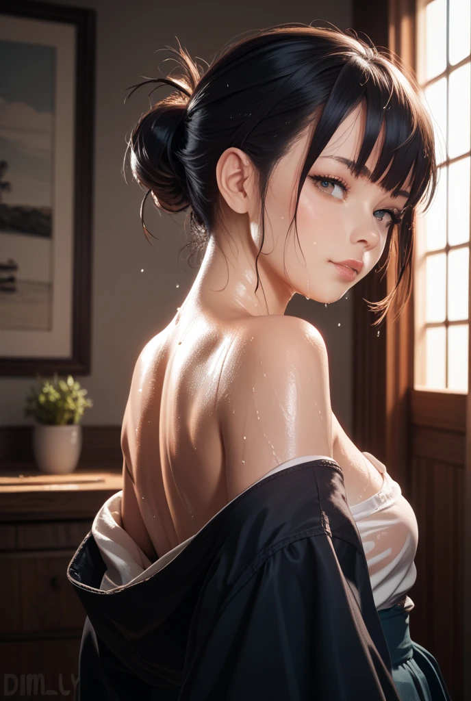 Realistic, Wide angle, (front view, facing forward:1.2), Full-length portrait of a Japanese girl in an oversized nightgown (pajamas) that hangs down and reveals her (half-bare shoulders:1.2), Very deep, She has a slender and perky figure, Plump breasts, Smooth skin, Blue-gray eyes, Pretty face, Alluring lips, Short brown hair, A sensual pose, ((She sits curled up and hugs her legs:1.2) On the wet floor) In the bathroom while taking a heavy shower, Early morning, She looks very cold and wet, In a foggy atmosphere, Photon mapping, Natural light, Vibrant color tones, About beauty