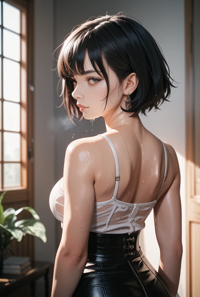 1girl, solo, naked, masterpiece, best quality, realistic, hyper-detailed, (shiny skin, sweaty:1.4), absurd, looking at viewer, short black hair, brown eyes, slender, dynamic lighting, high resolution, sharp focus, depth of field, detailed eyes, sharp pupils, realistic pupils, (small breasts:1.6), (thick thighs:1.0), outdoor, sky