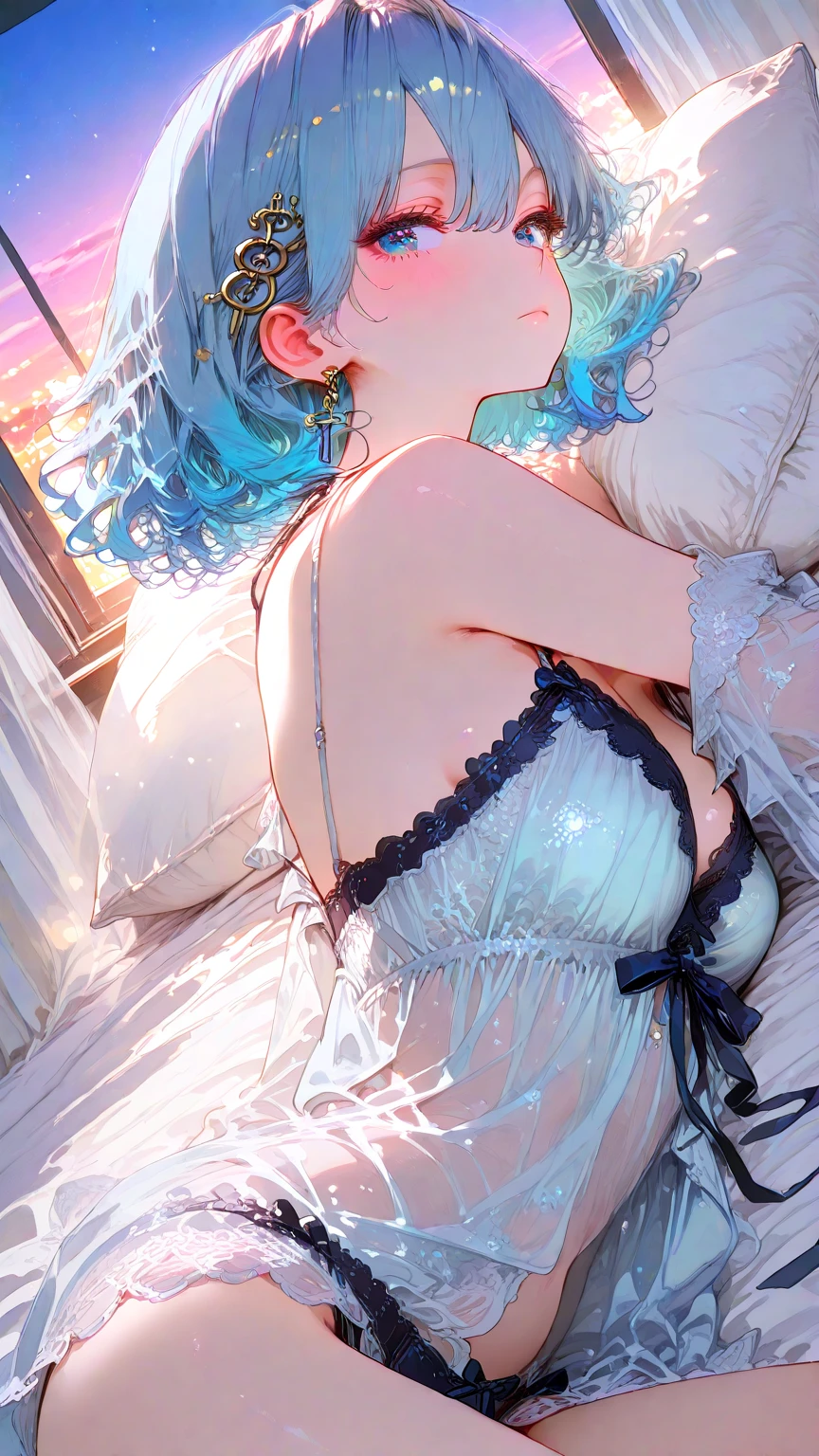 Masterpiece, Best Quality, ultra high resolution, 18 year old young man, lying face down, very sensual with a perfect body, you see a beautiful ass, sexy , sensual, dressed as a , Underwear