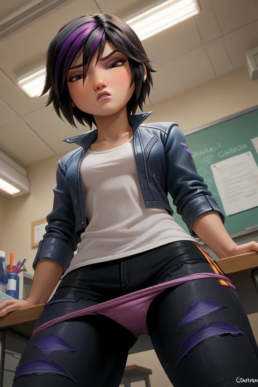 Gogo Tomago, denim jacket, a white blouse, pants down to show  purple panties,  annoyed, lowers his pants, sitting at a table, flushed, POV: I look at her, in a lab, caderona, from below. 

