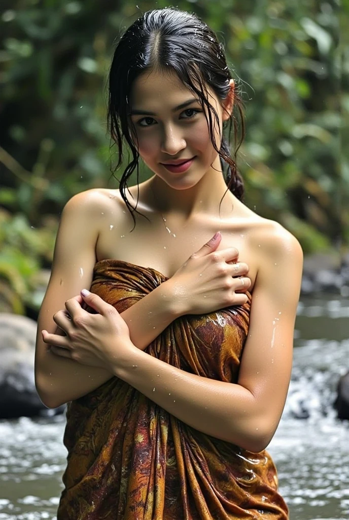 Young beautiful sweet Bogor city girl, 25 years old, mixed  descent from sundanese and Javanese, slim body, very wet flowing messy medium long hair with a bangs that blown by the hard wind, georgeus face,   standing cheerful  open very wide legs being   pose in backyard, rain drops making everything wet, no bra,  as being having hard   face, sweet cute laughing, very realistic, water flowing down on all her skins and hairs, water flowing down on her face, best detail high quality frame, no , , open very wide  exposed visible, full , enjoying as being unconscious eyes,  wearing wet glasses,