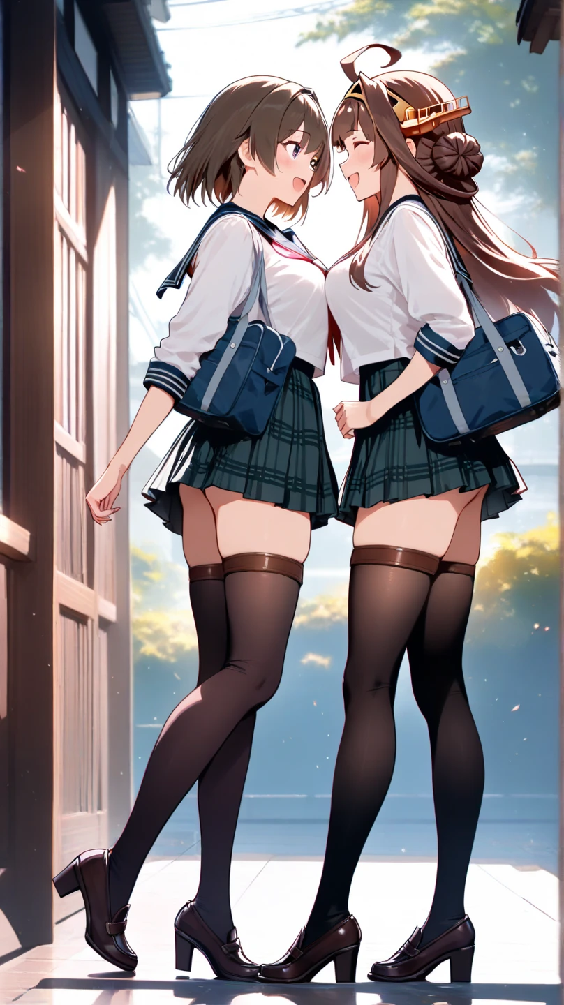 ((Highest quality)), ((masterpiece)), (High resolution), 8k, Best Shadow, The best natural light, Cinematic, (Two adult women climbing the stairs side by side), (Brown Hair,)、Looking back, bashful、Sailor collar、Fashionable white shirt、Sailor suit、Navy Pleated Skirt、(Navy blue socks)、((Rear view))、Angle from the rear, Navy blue socksにクローズアップ、Manga panel layout、Cartoon style、Manga Design、Station stairs、On the way to school, (The wind is blowing up from the ground, flipping up her skirt and revealing her panties:1.4), Stylish white satin panties, Slender body,Beautiful thighs, Embarrassed look, Iori, Perfect lighting, Perfect Shadow, Exact number of arms, Exact number of legs, Perfect Anatomy, Exact finger count、Exact number of legs、(Exact number of arms:1.0, Exact number of hands:1.0), (Perfect hands, Perfect Anatomy)