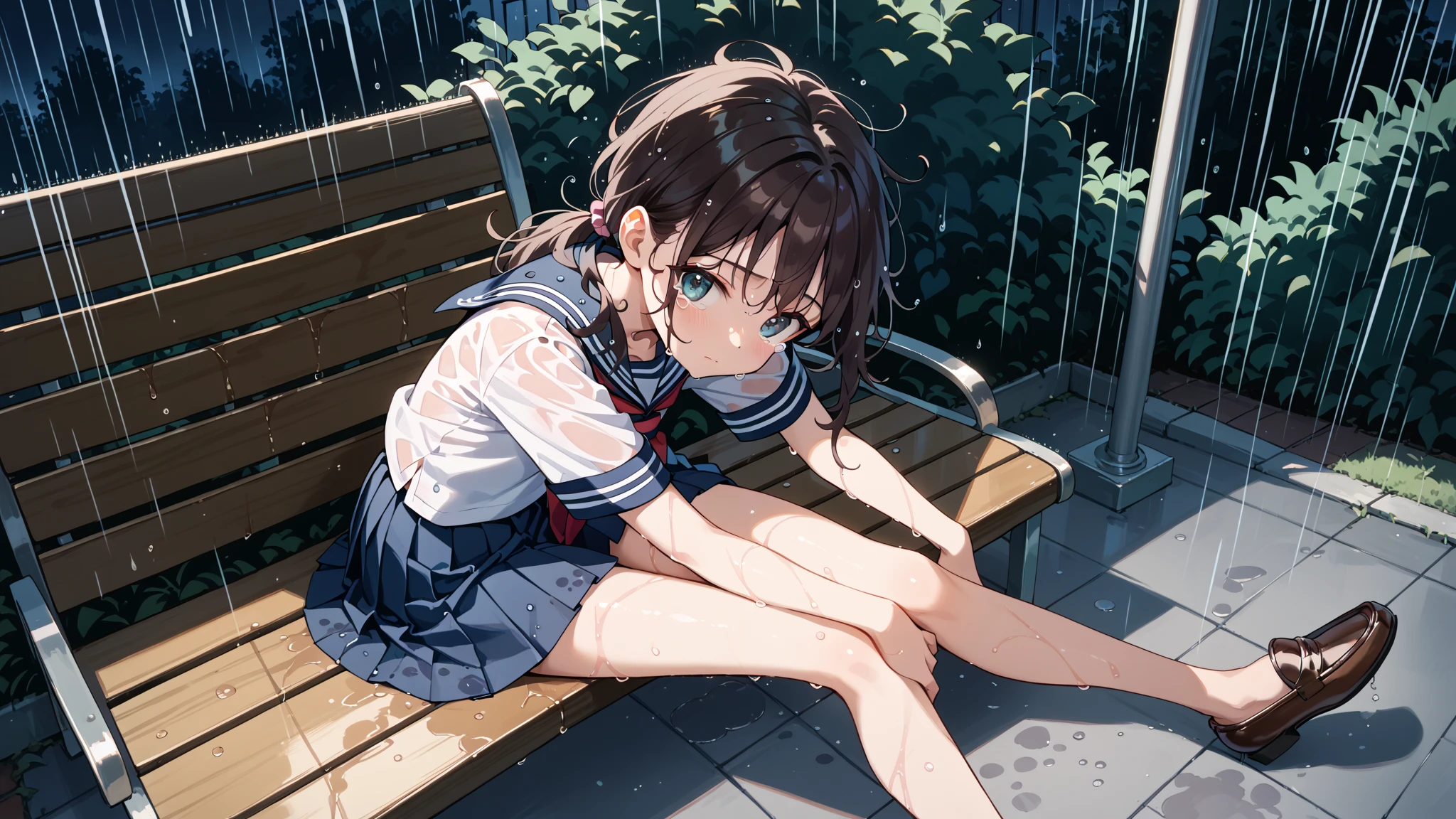 1girl、afloat、Black Hair、Navy blue swimsuit、Ocean、evening、Reflection on the water、deep faint light 、 detailed CG、high resolution