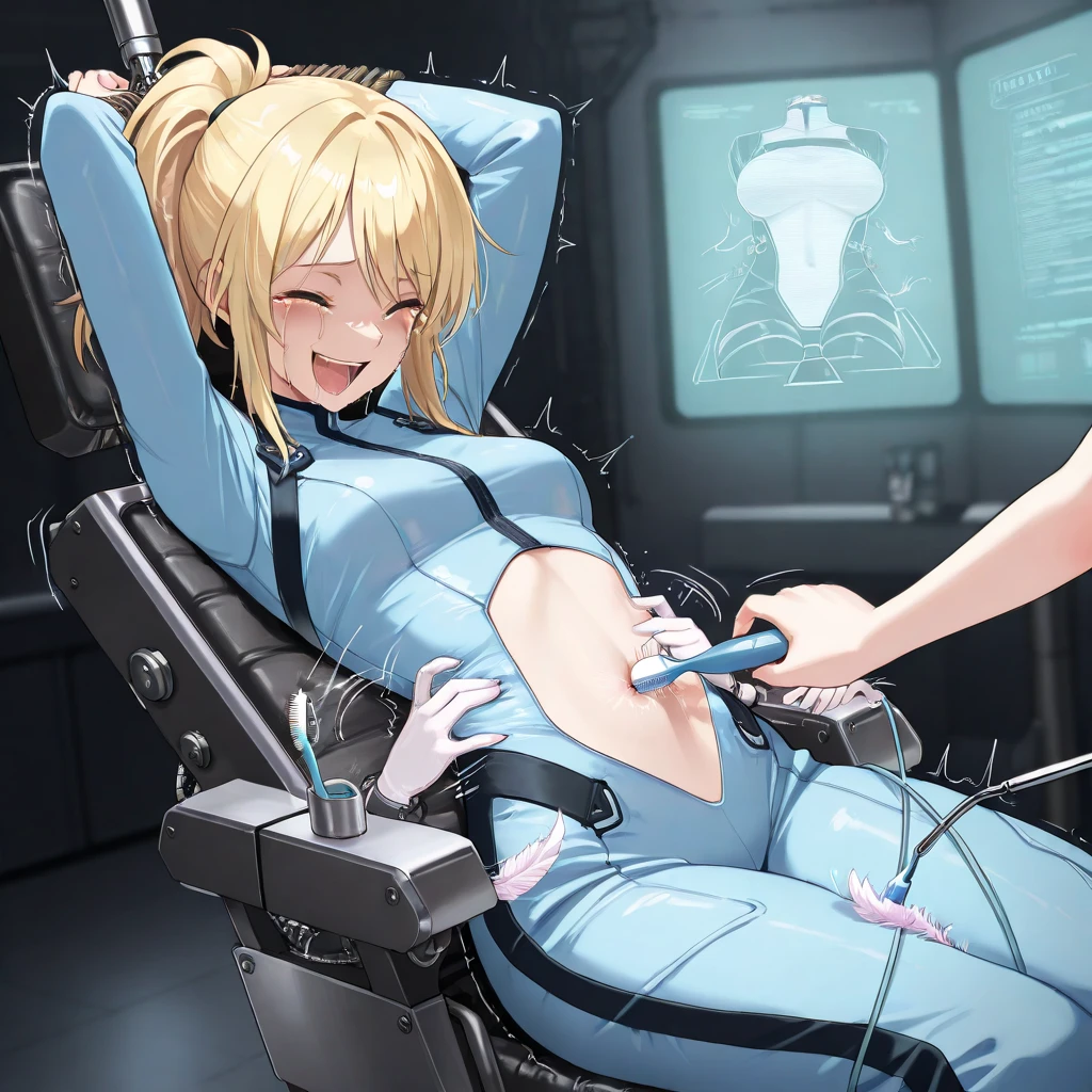 A Female mature robot loves herself. she wears nothing. Her Brown very short pigtails is tied with two big red clothespins, mature, android, Blue eyes, full body, Height: 160cm, flushed cheeks, sweat bucket. full body shot, looking straight. Her smile is complete.show White pantie, Looking at the audience, kissing to the audience. Leaning back　Destroyed　White of the eyes　whole body　Lying face up on a gynecological operating table　she looks back with his eyes closed and his mouth wide open　2020s anime drawings　A beautiful robot wearing green surgical gown(Half-naked)