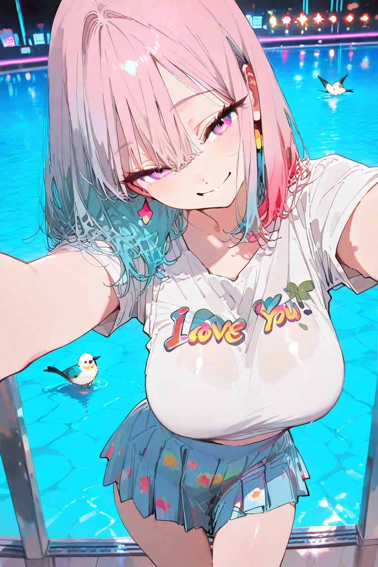 school swimwear、Acme Face、Random pose、Medium Hair、Pink Hair、、nsfw、Highest quality、1 girl、solo、Ocean、Sexy pose、Random pose、Blushing、Wet、Embarrassed、I can see half of my 、、One piece swimsuit、(Strap slip:1.3)、School Swimsuit