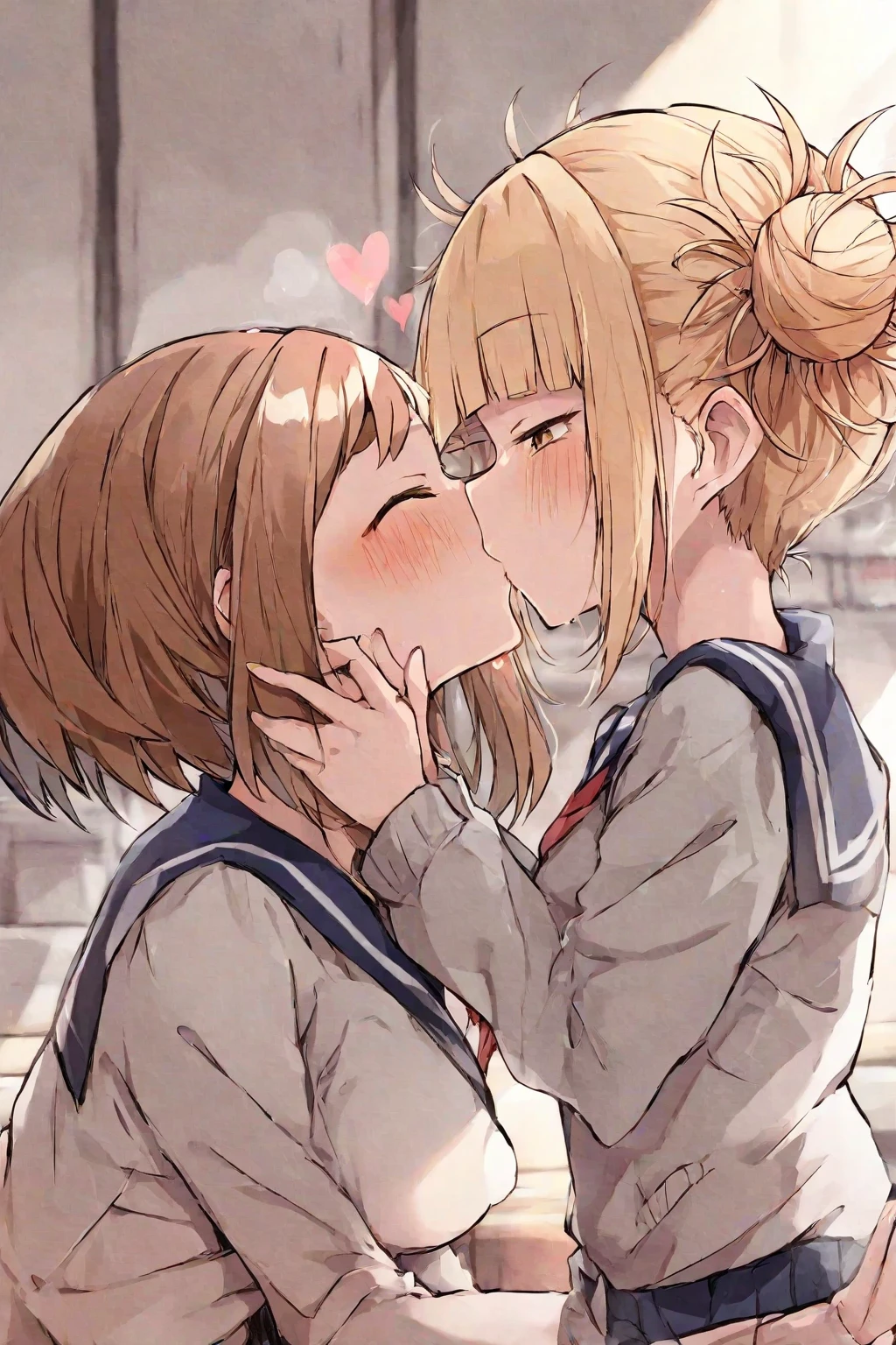 (high quality, 8K, 4K, High Contrast, masterpiece:1.2, 最high quality, Best aesthetics), 2 girls, Blonde hair and lilac eyes, Brown hair and brown eyes, Blushing, Embarrassment, Sailor suit, mini skirt, French kiss, Kiss on the mouth, Tongue kiss, Intimate, Browsing Caution, saliva, bedに腰かけて, Blushed, close your eyes, night, Dim lighting, bed, Silk sheets, cushion, Be alone in your room...