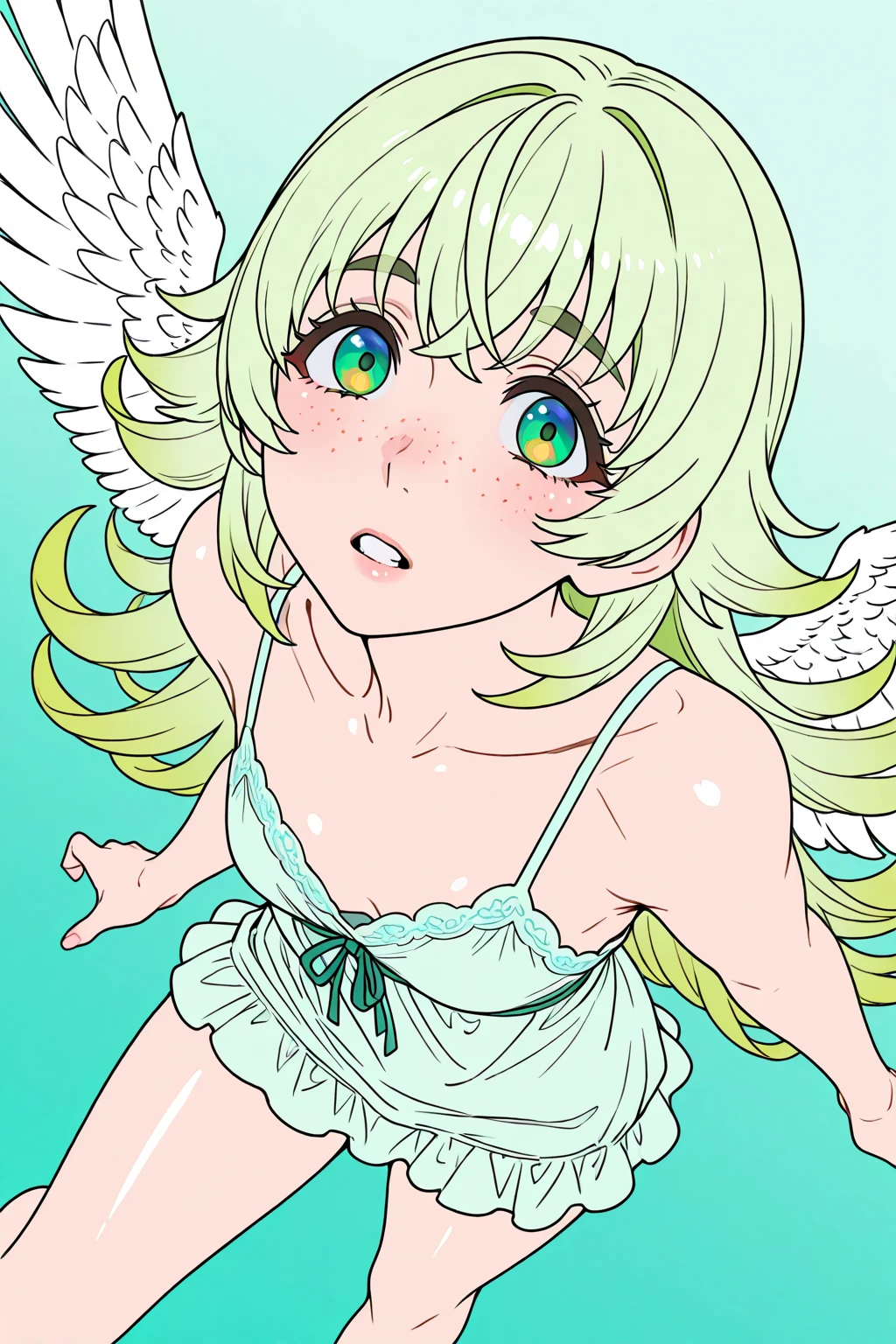 20 year old girl, Angel Girl, Light green wings, chica sexy, green hair, short hair, wide hair, green eyes, short skirt, green skirt, Small strapless blouse, Short blouse up to the abdomen, Blouse sin Olanes, Green long sleeves, Blouse that shows the shoulders, Sin Collar, Shows the navel, green boots, Very big bust, big hips