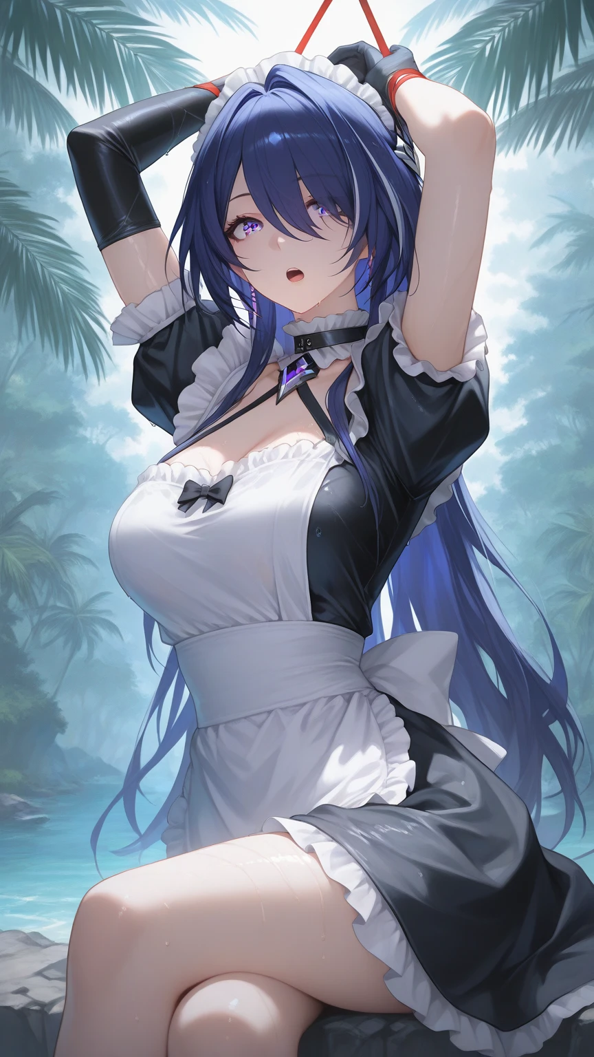 best quality, masterpiece, <lora:SelenaPGR:0.7>selenaPGR, white dress, mechanical collar, two-tone long hair, detached sleeve, bandaged arm, mechanical arm, hair ornament, chest flower, holding flower, water, from above, slime, water, lotus, partially submerged, looking at viewer,