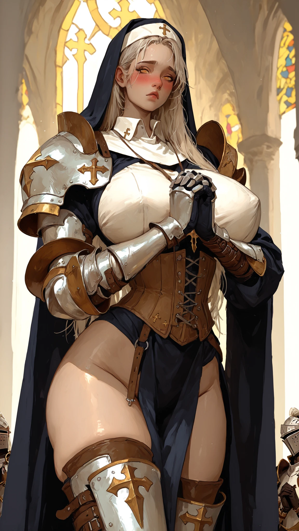 1girl, solo, beautiful 25 year old woman, pacific islander, (dark skin:1.4), blonde hair, braided hair, (priestess), large breasts, (blood:1.4), (torn clothes:1.0), silver pleated dress with slit on side, cleavage, (white stockings), knee high boots, (purple hood), (large cross:1.2), walking through a dark forest, holding a torch, black sky, fog over the ground, glowing eyes in the background, 060831