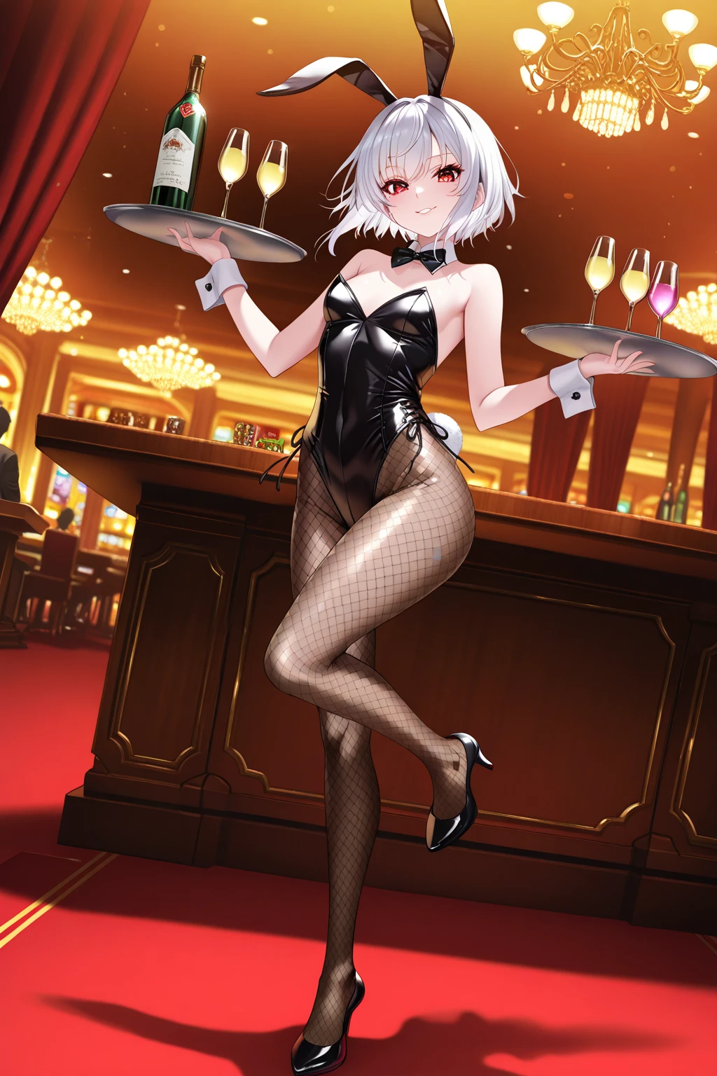 NSFW,masterpiece,Highest quality,High resolution,Very detailed,Frielen\(葬送のFrielen\),Pointed Ears,Green Eyes,Twin tails,very long hair of white color,, Earrings,Playboy Bunny,Black Pantyhose,Small breasts,casino,blush,sake,Serve customers,A large number of people,A man touches his butt,Committing sexual harassment,(Molester),Body touch,From the side,My pussy is wet