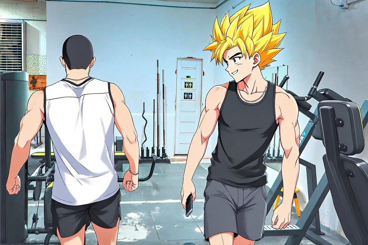 Anime-Stil , High quality full body image of Goku as a bodybuilder, Ist'Ich trage nur einen Tanga , ohne Schuhe, feet, bare feet, massive muscular body, huge muscular shoulders, Massive big biceps, Venen im Bizeps, Muskelbeine, massive muscular abs, Bizepsflex. posierend, Sie schwitzt, very muscular, The toned body shines in the light, im Gym, hanteln, Sit-ups