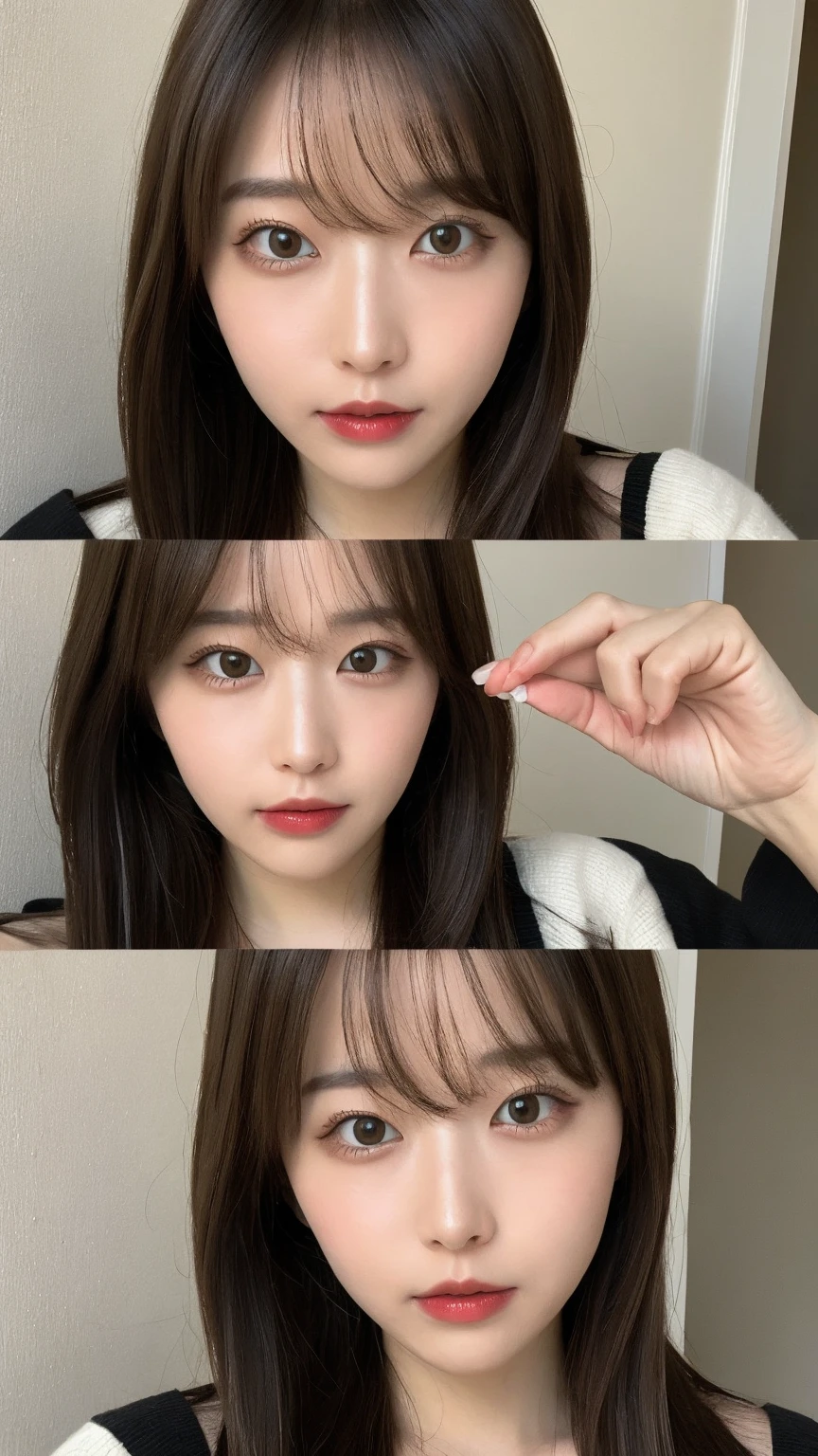Tabletop, Highest quality, shape, Very detailed, finely, High resolution, 16K, Perfect dynamic composition, Straight hair, Medium Hair, Brown Hair,Natural color lip, smile, 20歳のgirl、cute、beautiful、完璧でbeautiful顔, beautiful and detailed face, Slim face and body, Elegant face, KPOP idol faces、Japanese idol faces、Small face、Big eyes, Brown eyes, Droopy eyes, 緻密でbeautiful目, girl, Front face, Upper Body, Random outfit