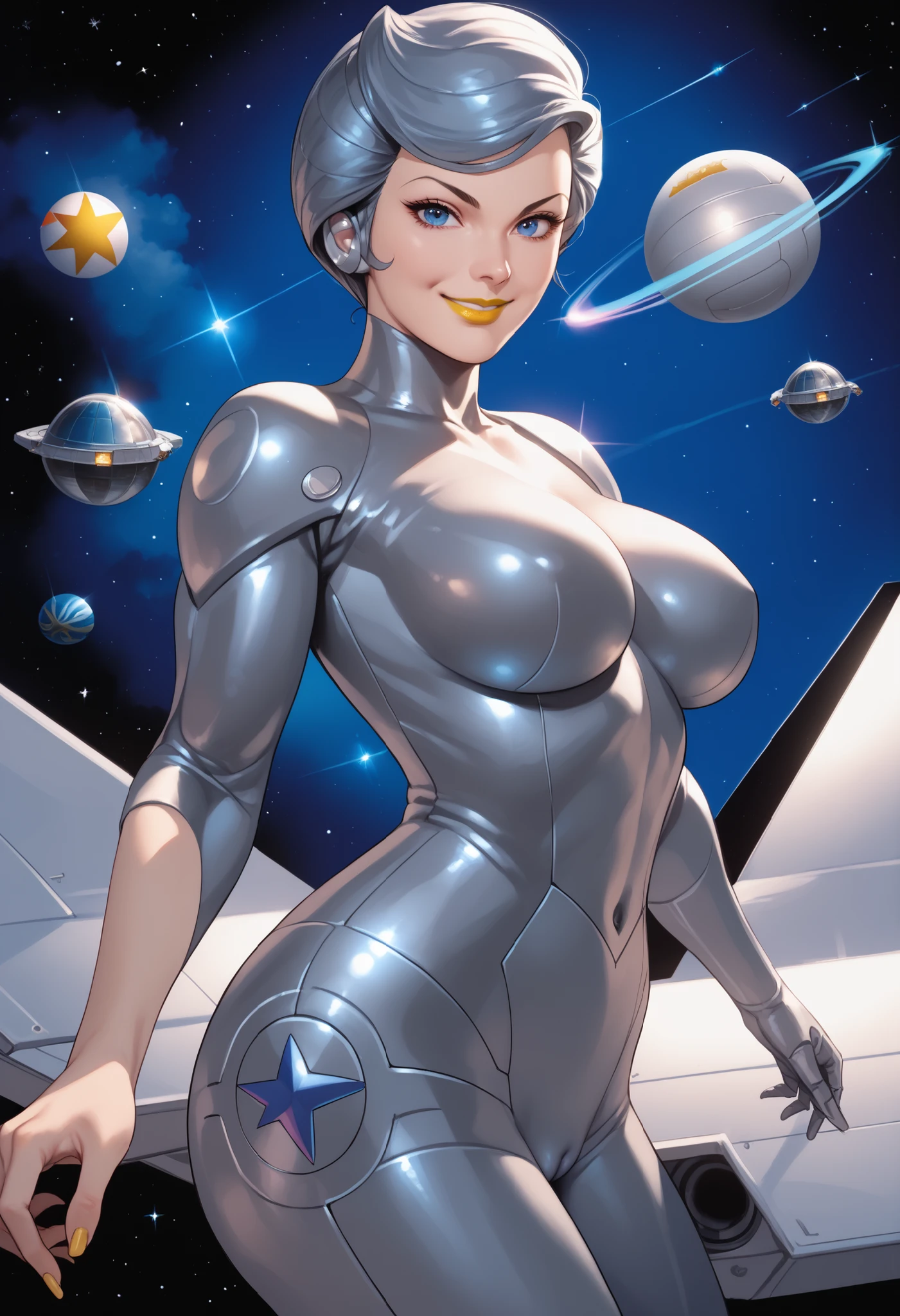 woman, , anime style, yellow lipstick, metal hair, blue eyes, white skin, steel suit, space, stars, smile, side view, focus on character, looking at viewer, open arms, thin waist, metal , SteelHeart, SilverHawks,  