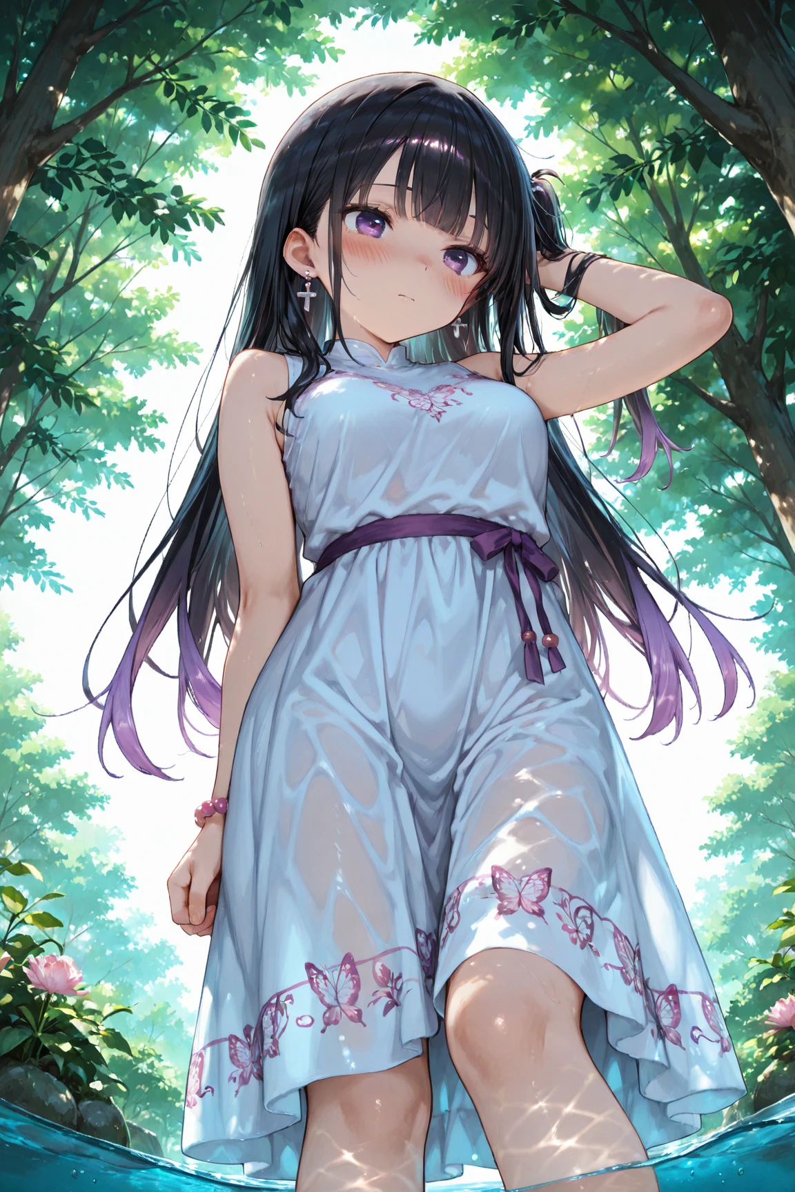 Wisteria flower, Wisteria tree, Wisteria Background,(((((dress liftTransparent see-through skirt))))),naked　NSFW　Long Hair　Black Hair　Toddler girl　5 years old　(A glimpse into the sheer see-through dress)　　Elementary school student, shot from below　White school hat