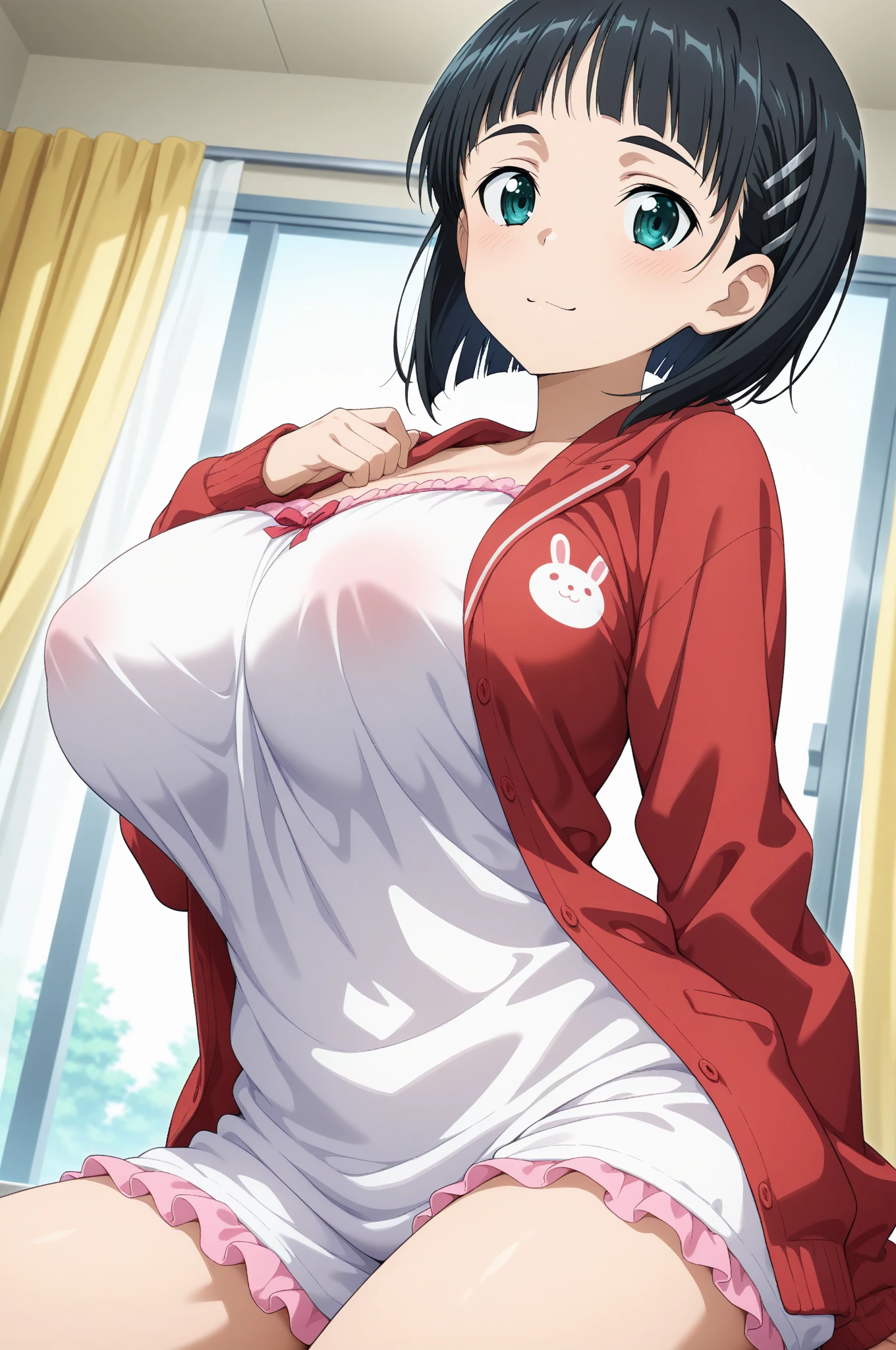 (POV, 1boy, faceless male, POV paizuri, paizuri:1.4), hetero, anime cels style, best quality, high resolution,( upper body), 1girl, (gigantic breasts:1.4), tsubaki_bluearchive, short_hair, black_hair, animal_ears, bangs, hair_between_eyes, halo, black_eyes, breast curtain, red sailor collar, elbow gloves, blush, embarrassed, indoors