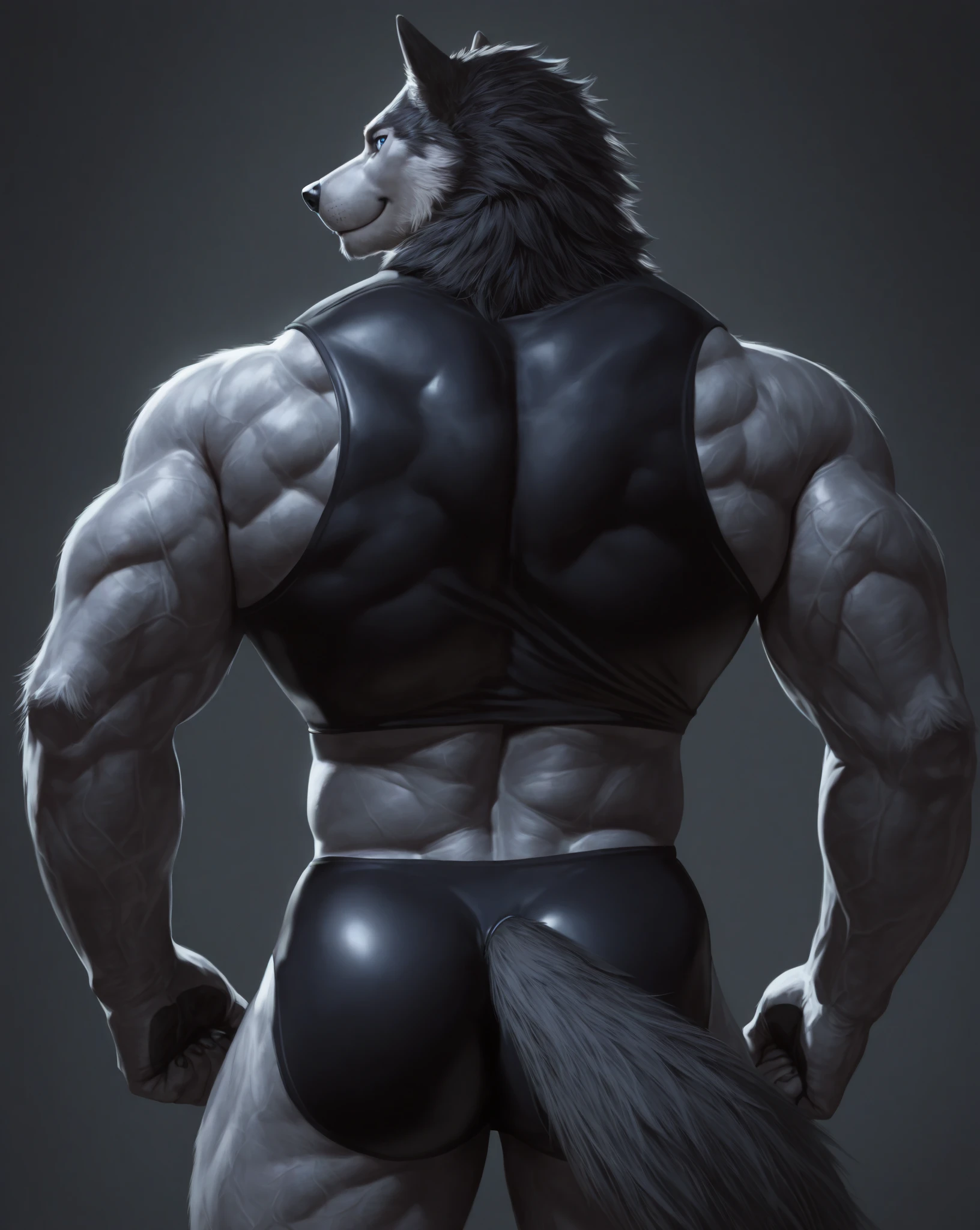 My fursona is a split species, part grizzly bear and part German Shepherd dog. He stands mostly bipeadel, but his general body shape alows him to easily take a quadrupedal sance. For his face, the muzzle leans more towards a bear's, while the ears are more like a dog's. The general head shape is a decent blend of the 2 species, with dark blue eyes. He has a large and thick silver septum nose piercing as well as a 2 silver cartilage cruncher ear hoops on his right ear. Around his neck is a thick chain linked together on his chest by a red padlock. He has broad shoulders like a bear, and thick arms combining muscles  covered with a layer of fat leading to bear paws with oposable thumbs. He has a black lether armband around eack large bicep. Each paw has a silver ring on what would be the ring finger and a dark red ring on what would be the middle finger. His chest is pretty prominent, with large stone pectorals covered in minimal fat with both nipples pierced with silver hoops. His torso is fairly muscular with a layer of fat barley covering his muscle gut. He does not wear a shirt at all. His waist is wide and his butt is fairly round and plump. He is naked, thereforehe shows his exposed large canine genitalia. At the base of his back above the back of his jockstrap is a thick, fluffy German Sheppered tail. His thighs muscular and are quit large at the top but slowly tapper to be a little bit thiner the closer they are to the knees. From the knees down, his legs take on a dog's typical hind legs shaped with the elongated foot, ending in strong, thick dog paws. His fur pattern and colors are those of a Germen Shepered, with a little more orange coming through the light brown parts of his fur.