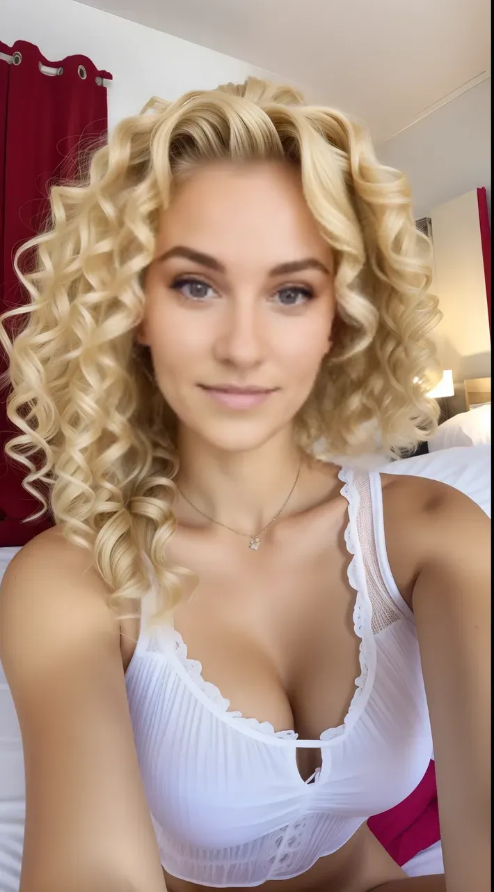 Blonde curly girl laughing taking selfie from her bed 22 y o