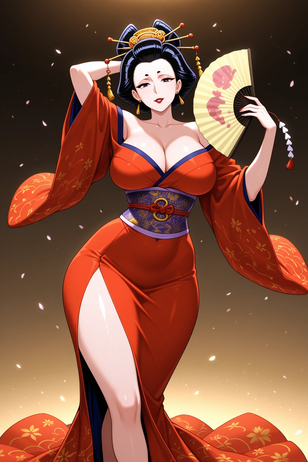 a woman with geisha style, big breast, holding a red umbrella, in a Japanese garden