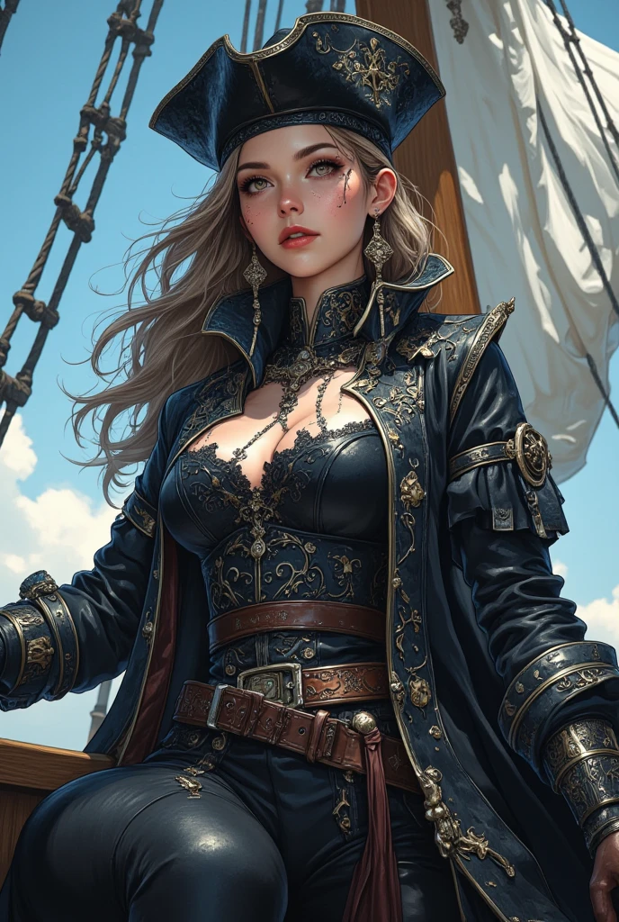 Arafe woman in black and white dress on a boat, by Yang J, steampunk beautiful anime woman, a steampunk beautiful goddess, (Steampunk), ( Steampunk ), pirate clothing, Anime Girl , in detailed steampunk dress, wearing steampunk attire, steampunk fantasy style, ruan jia and artgerm, by Fan Qi, Trending on CGSTATION, trending at cgstation
