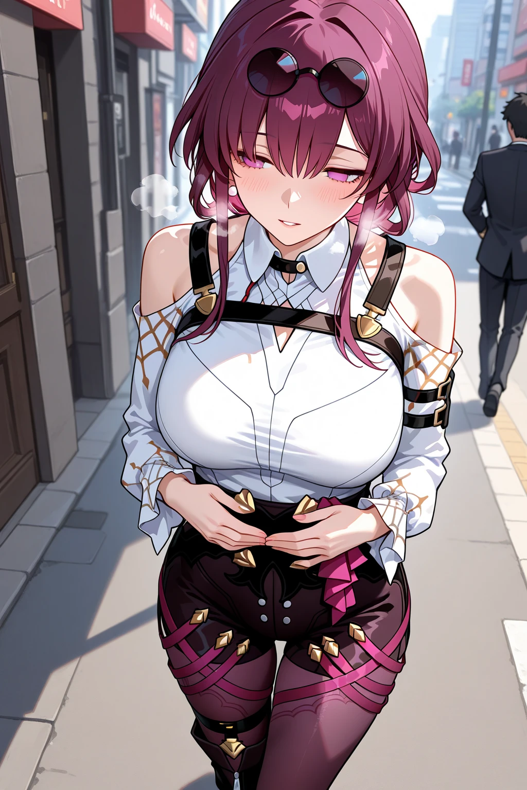 score_9, score_8_up, score_7_up, cute thin girl, twink, aru_\(blue_archive\), pink hair, horns, halo, aroused, horny, (skinny body:0.9), sweaty skin, shiny skin, perfect face, leaking pre-cum, flat breasts, 
submissive look on face,
medium penis outline, big puffy inverted nipples outline,
heart earring, hearts in eyes, looking back.
gold neckless, 
looking viewers,
eye contact,
ear rings, white race choker,  black fishnet bodystocking, fishnet body stocking, (shrug jacket clothing), gold body harness,
platform high heels,
1 big man, from behind, breast grab over shoulder, size difference, man face out of frame,
outside, on streets, crowd, city 
black lineworks,
trembling, motion line,
gold chain leash