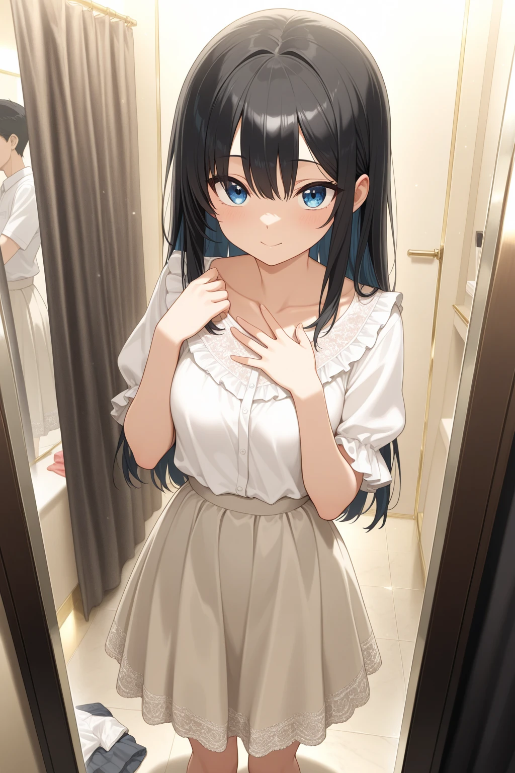 Unparalleled beauty, Shiny、Tightened、Glowing Skin, Bangs between the eyes, Shiny真っ直ぐな美しいプラチナブロンド, Super long straight silky hair, eyeliner, Sexy, beautiful and pure 14 year old, High resolution big beautiful bright blue eyes, beautiful and adorable girl, Baby Face, Short sleeve shirt