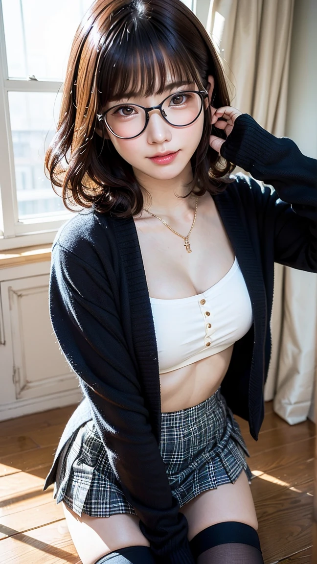 Top quality, one beautiful woman, 20 years old, dark brown eyes, glasses, braids, black hair, pale skin, medium chest, slendar body, no bras