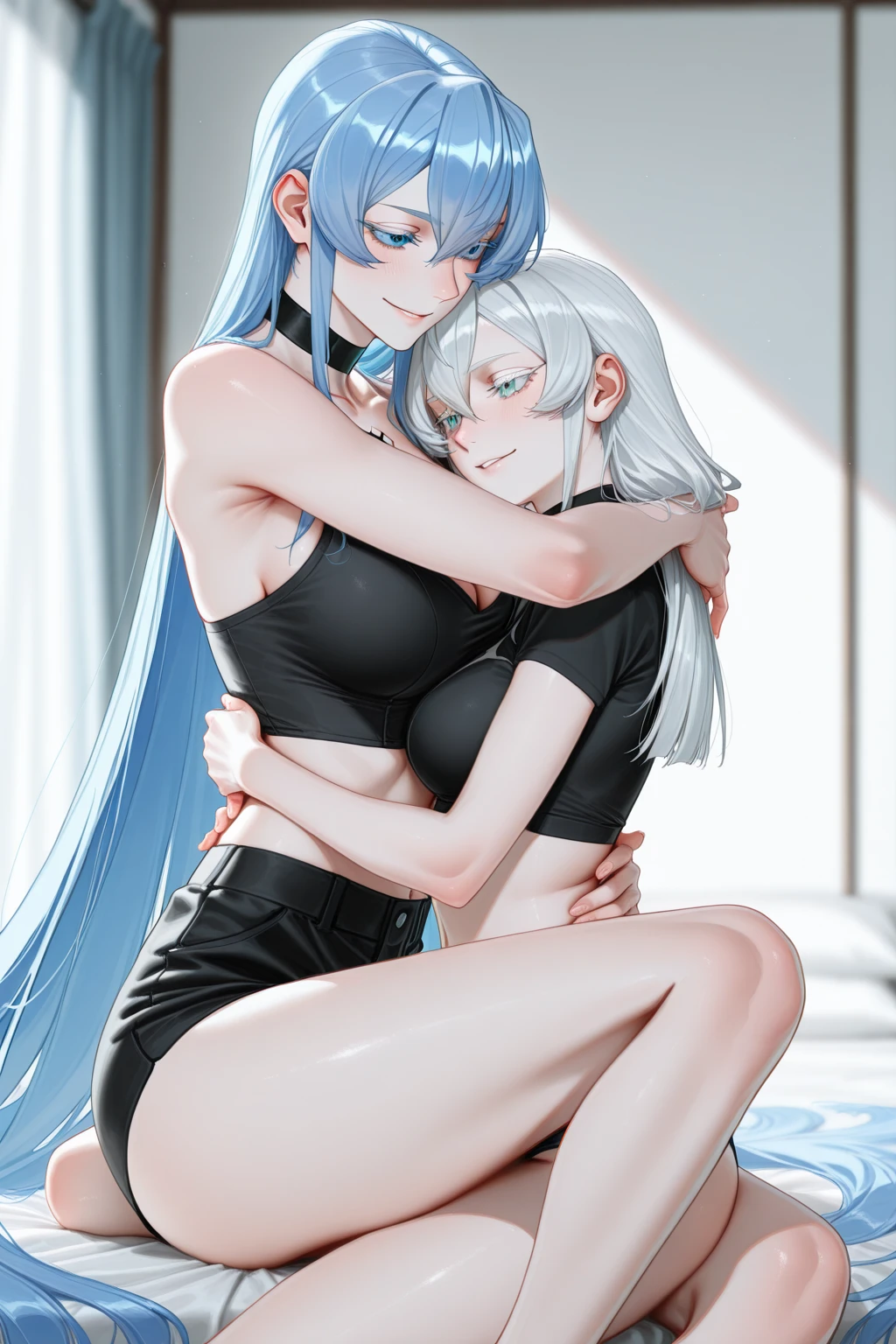 Two women kissing each other deeply,Texas and Lappland(from Arknights,Texas has a dark blue hair while Lappland has a grey hair,both have animal ears),nsfw,curvy body